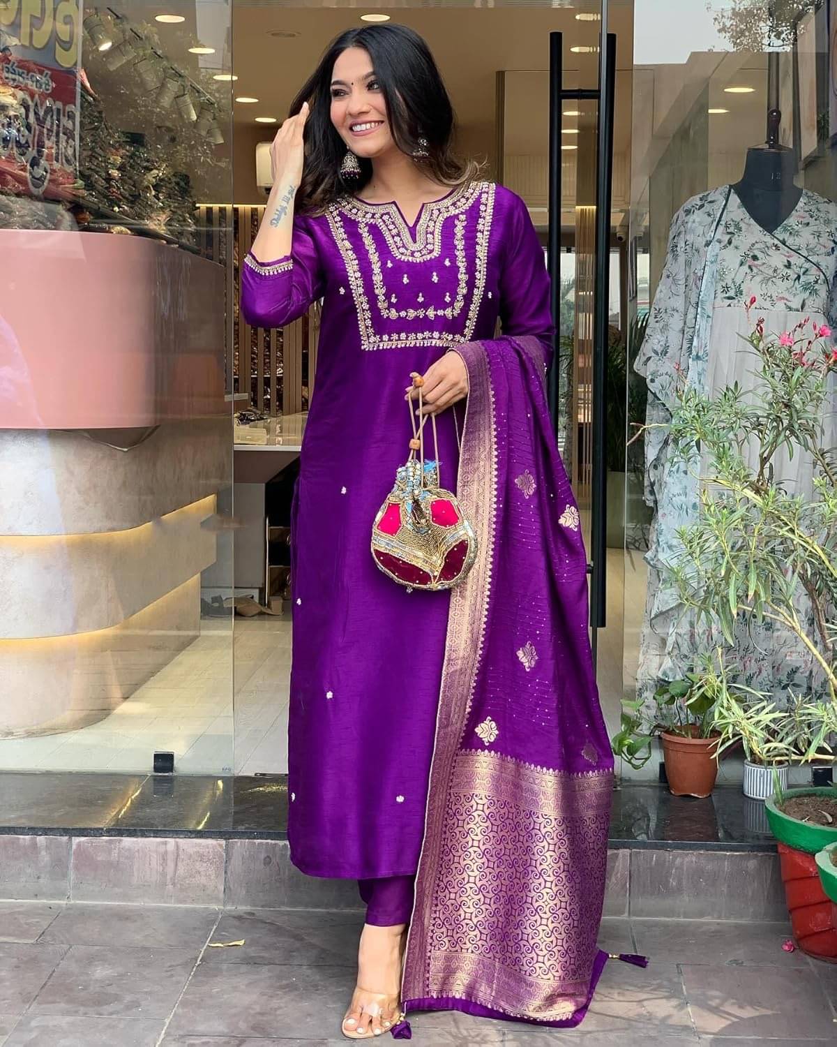     			OMICRON FAB Chanderi Embroidered Kurti With Pants Women's Stitched Salwar Suit - Purple ( Pack of 1 )