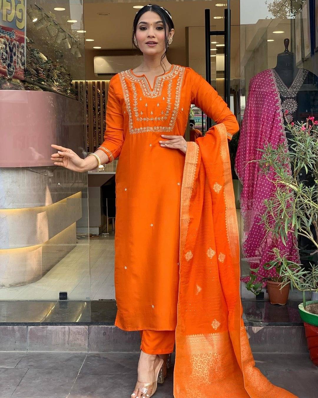 OMICRON FAB Chanderi Embroidered Kurti With Pants Women's Stitched Salwar Suit - Orange ( Pack of 1 )     			OMICRON FAB Chanderi Embroidered Kurti With Pants Women's Stitched Salwar Suit - Orange ( Pack of 1 )