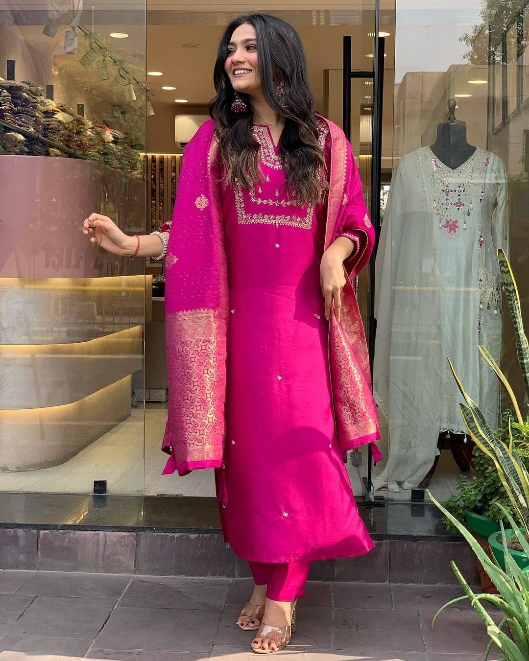     			OMICRON FAB Chanderi Embroidered Kurti With Pants Women's Stitched Salwar Suit - Pink ( Pack of 1 )