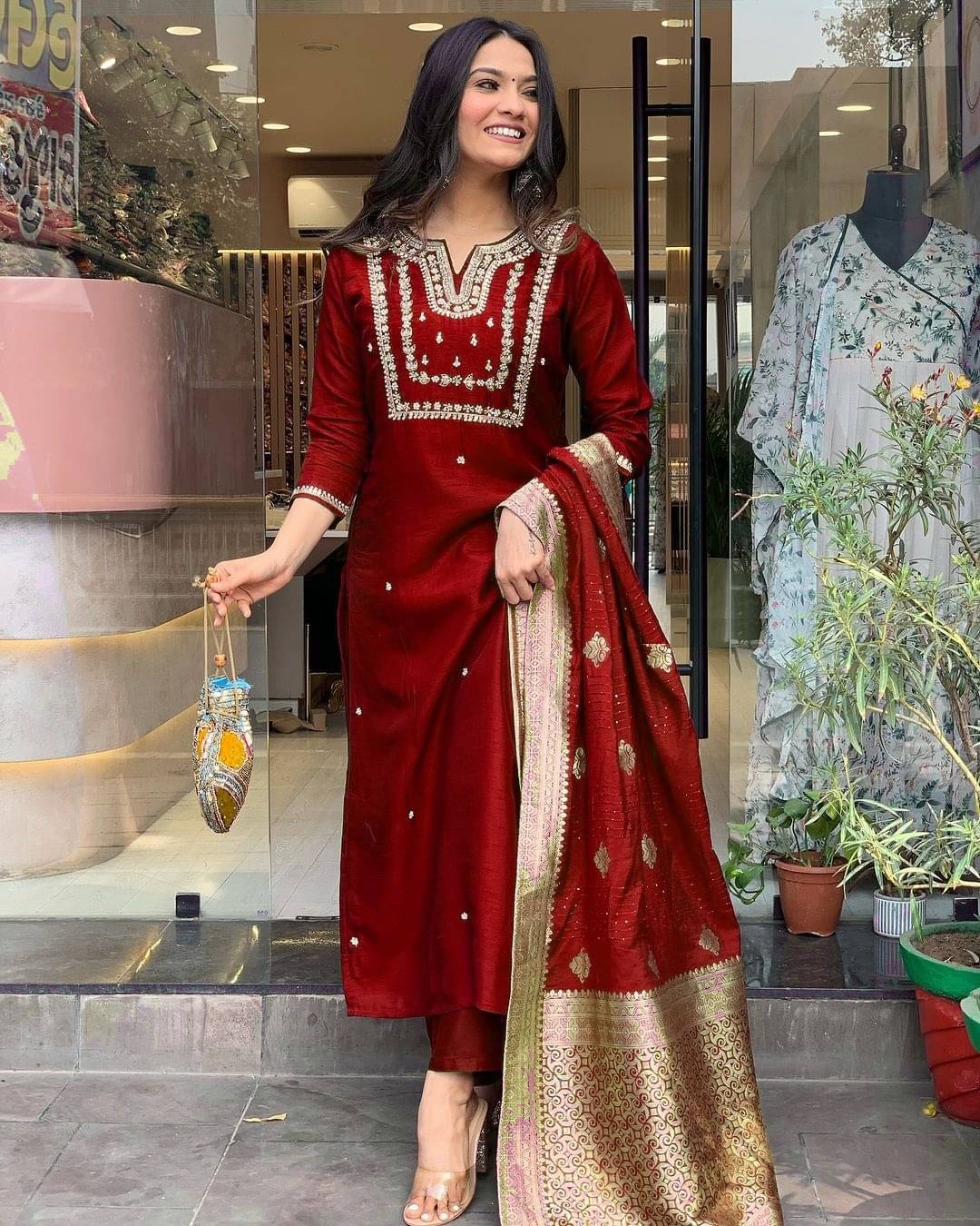     			OMICRON FAB Chanderi Embroidered Kurti With Pants Women's Stitched Salwar Suit - Maroon ( Pack of 1 )