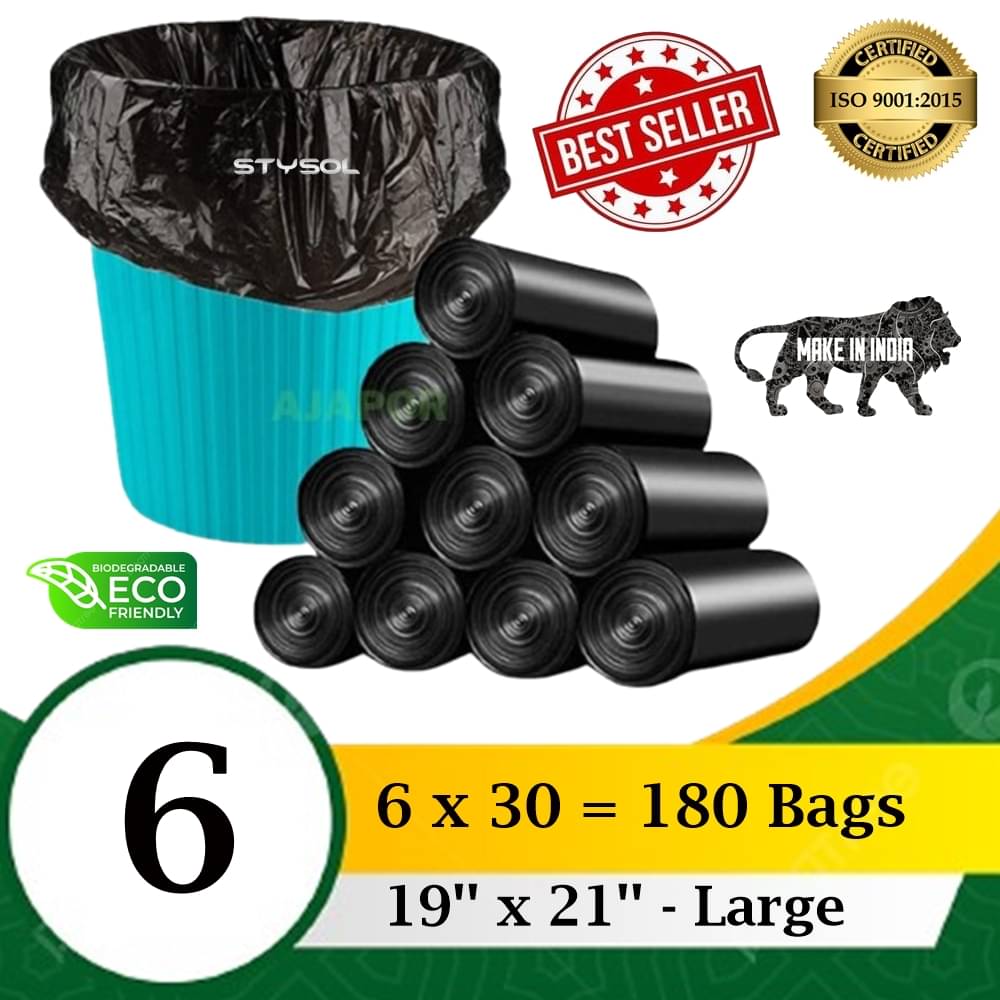     			Oxo-Bio Degradable Garbage Bags Small (19 x 21 inches)- 180 Bags | Roll ( Pack of 6), Black, Eco friendly Bags, for Home, Kitchen and Office Small 10 L Garbage Bag (180 Bag)