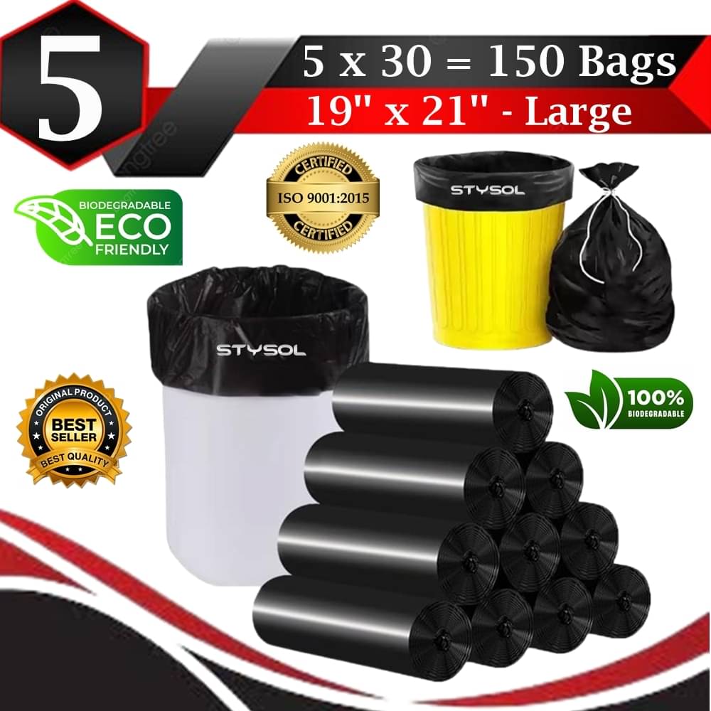     			Premium Biodegradable Garbage Bags 19 X 21 Inches (Medium Size) 150 Bags (5 Rolls) Dustbin Bag/Trash Bag - Black Color