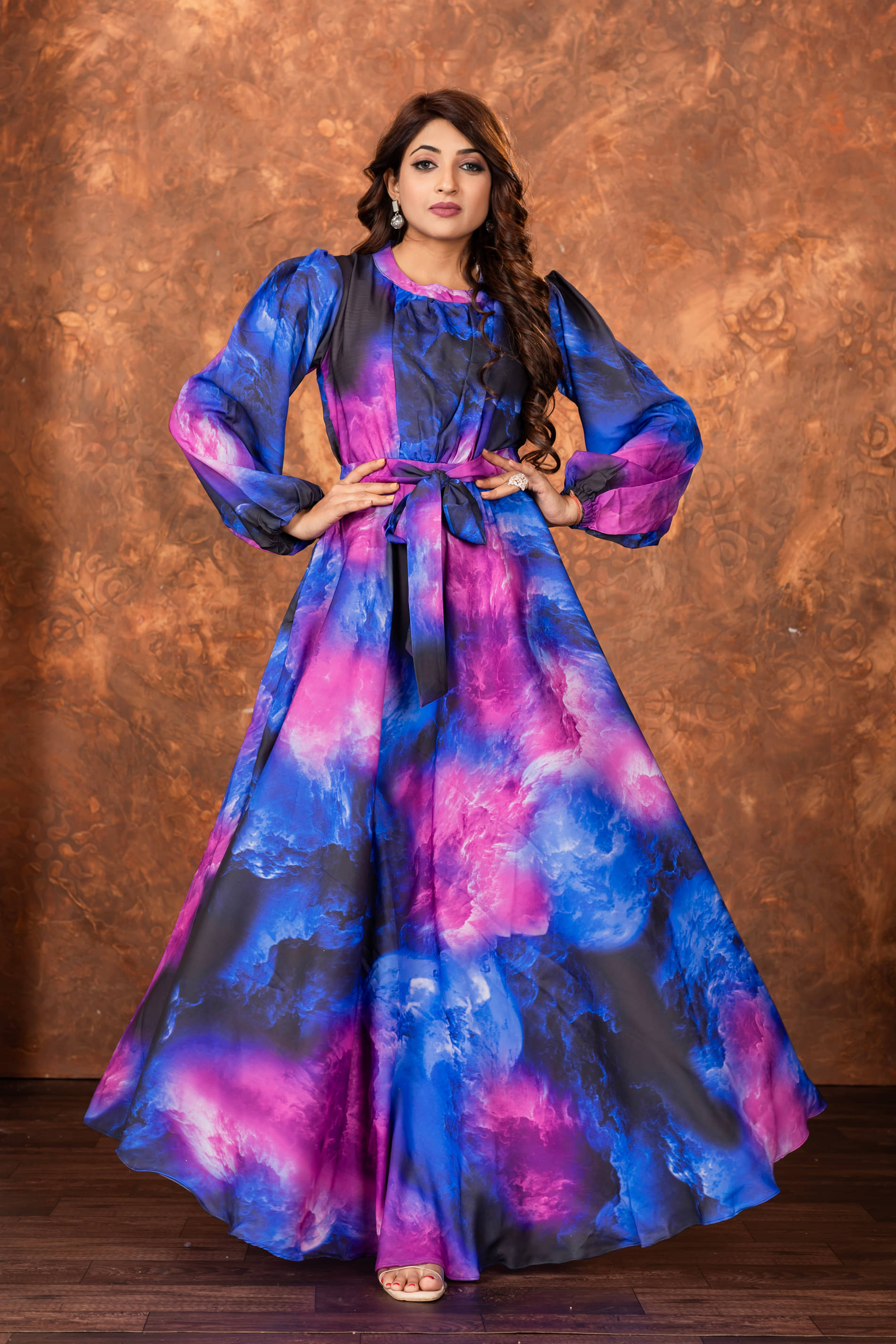 SARINKU Blue Flared Polyester Women's Stitched Ethnic Gown ( Pack of 1 ) SARINKU Blue Flared Polyester Women's Stitched Ethnic Gown ( Pack of 1 )