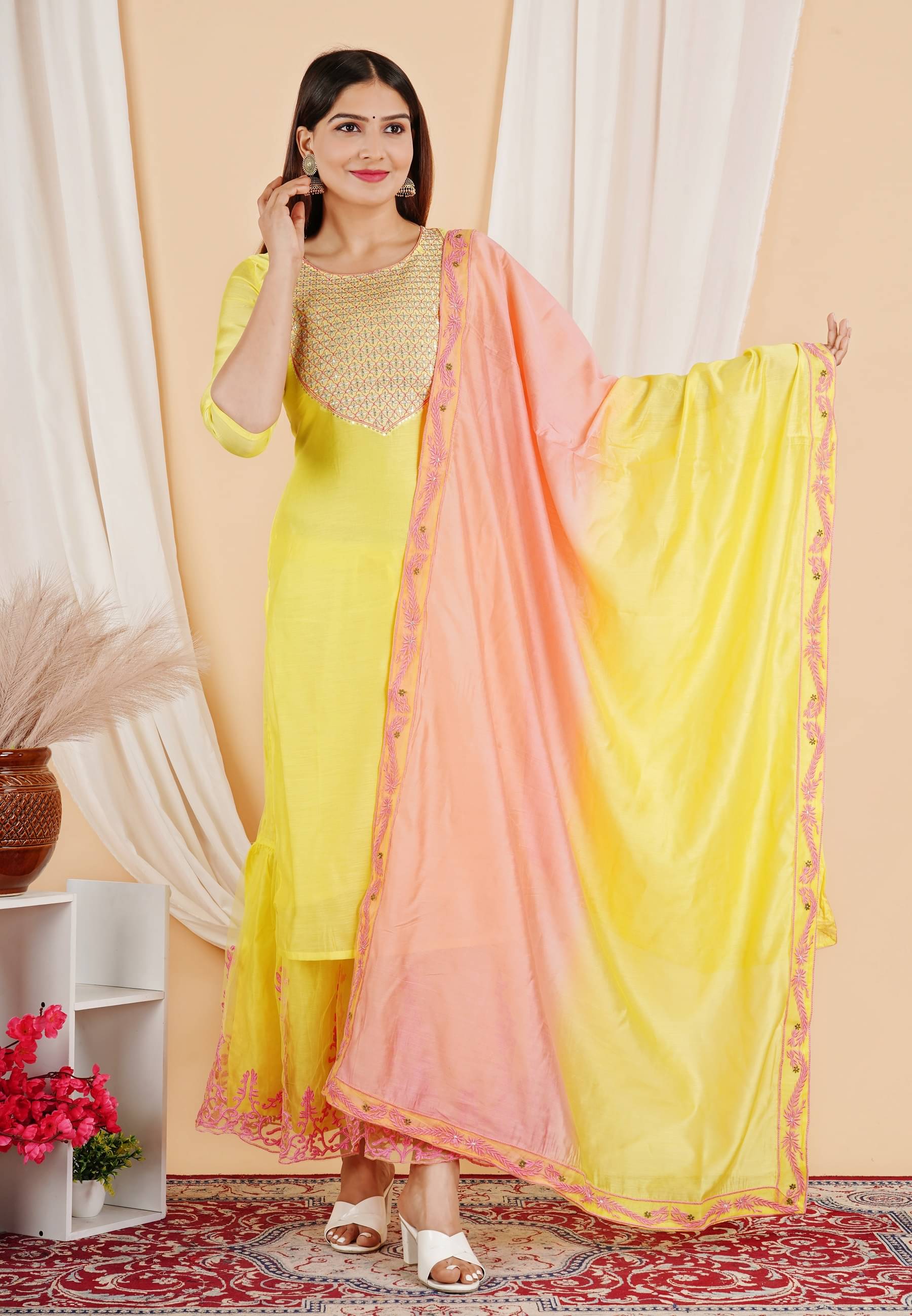 STYLLOW Chanderi Embroidered Kurti With Sharara And Gharara Women's Stitched Salwar Suit - Yellow ( Pack of 3 ) STYLLOW Chanderi Embroidered Kurti With Sharara And Gharara Women's Stitched Salwar Suit - Yellow ( Pack of 3 )