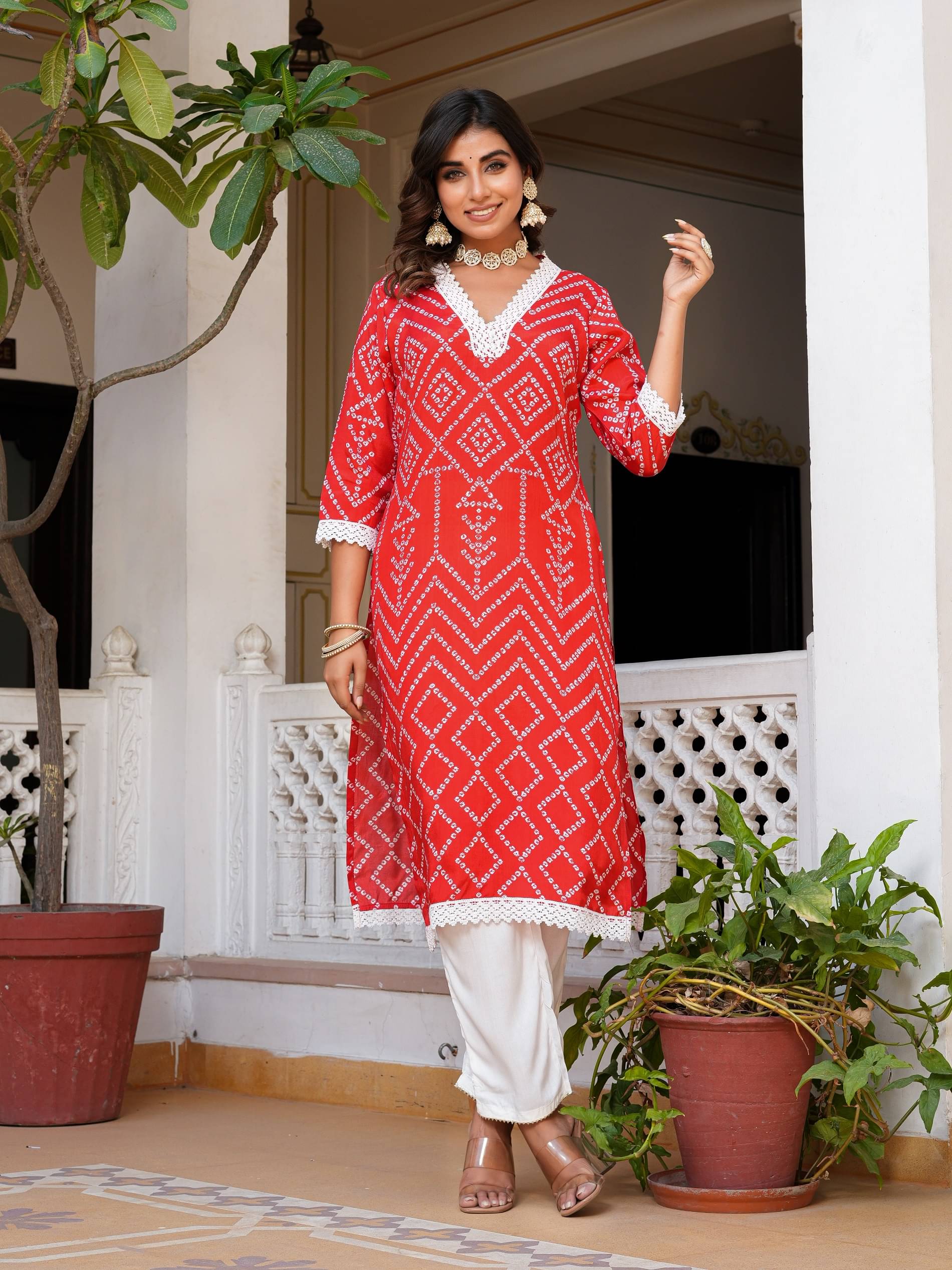     			STYLLOW Silk Printed Kurti With Pants Women's Stitched Salwar Suit - Red ( Pack of 2 )