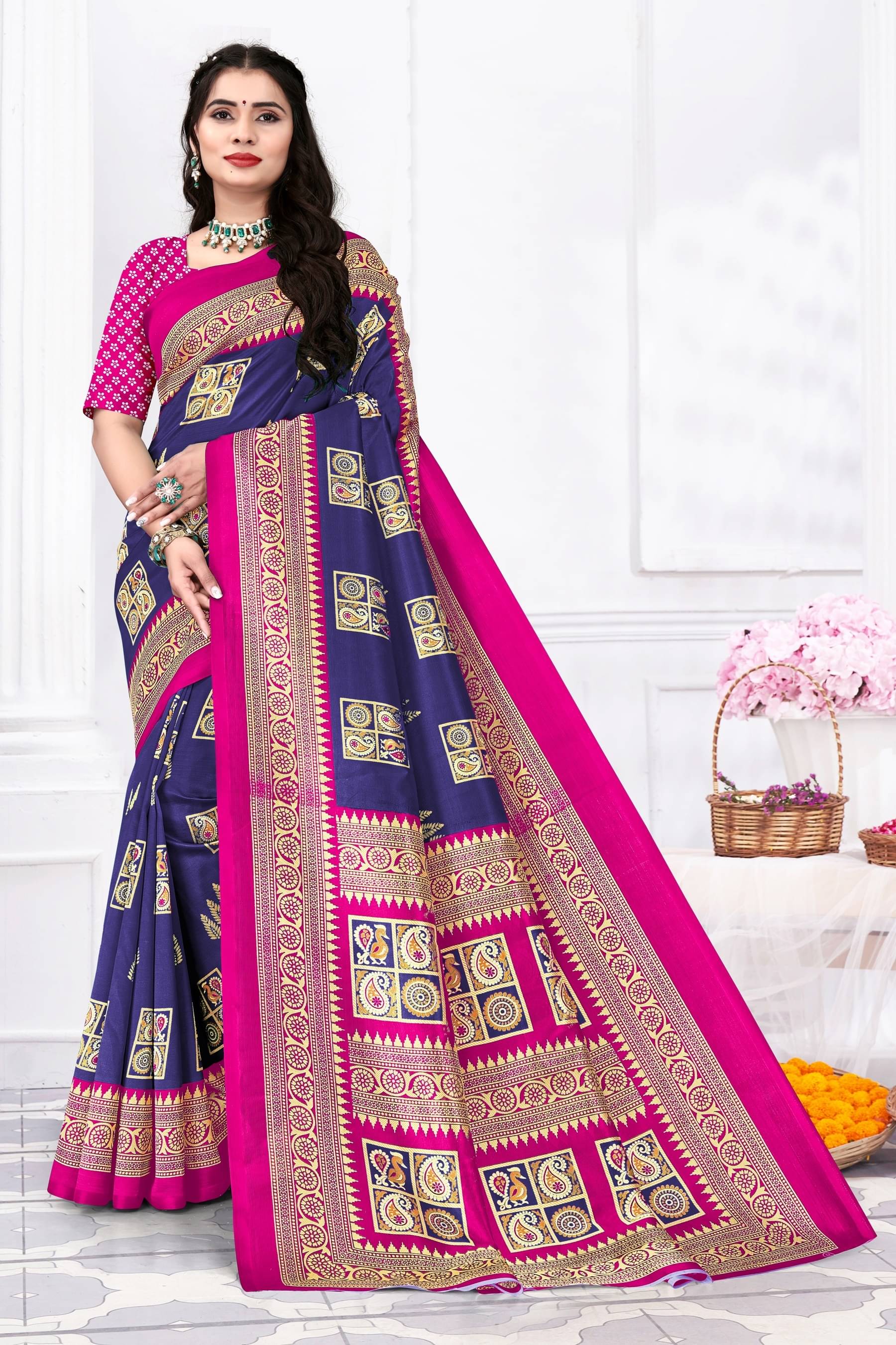 SVB Art Silk Printed Saree With Unstitched Blouse Piece ( Blue ) SVB Art Silk Printed Saree With Unstitched Blouse Piece ( Blue )