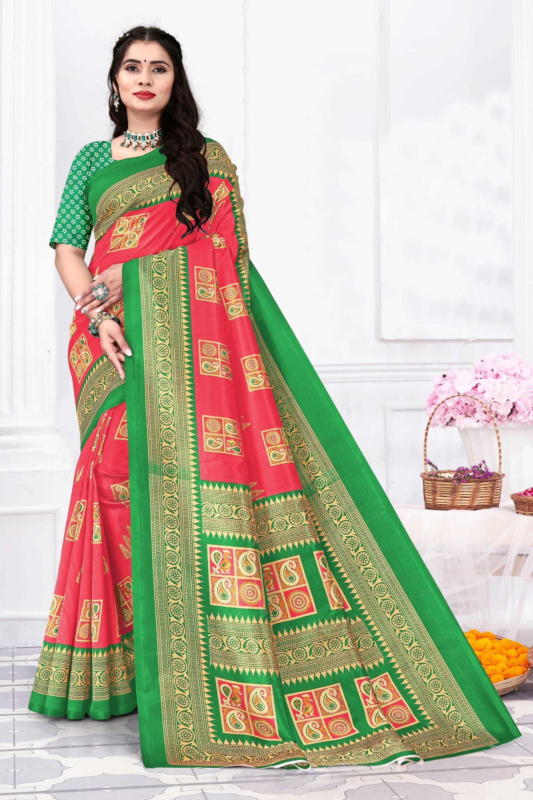 SVB Art Silk Printed Saree With Unstitched Blouse Piece ( Red )     			SVB Art Silk Printed Saree With Unstitched Blouse Piece ( Red )