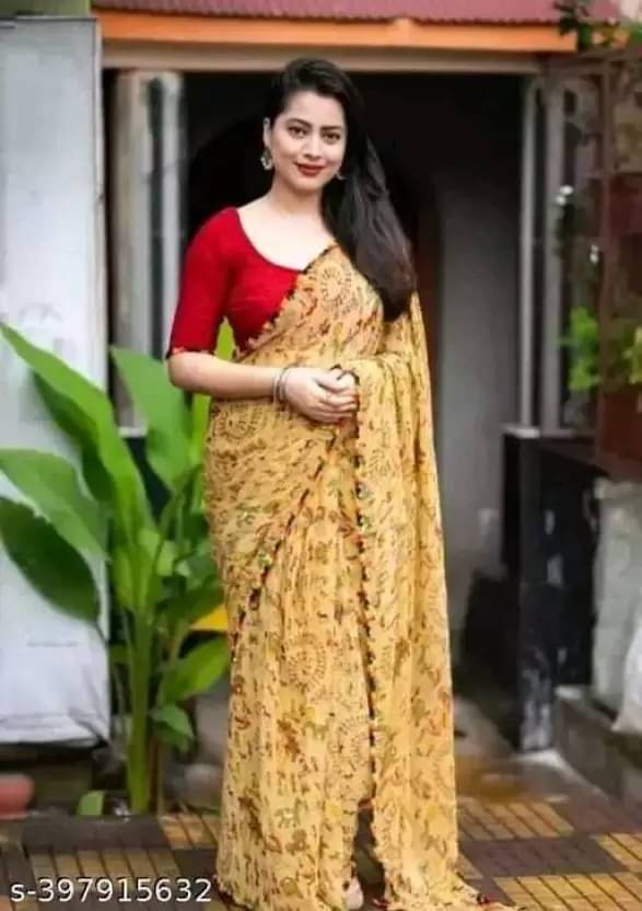     			SVB Georgette Printed Saree With Unstitched Blouse Piece ( Yellow )