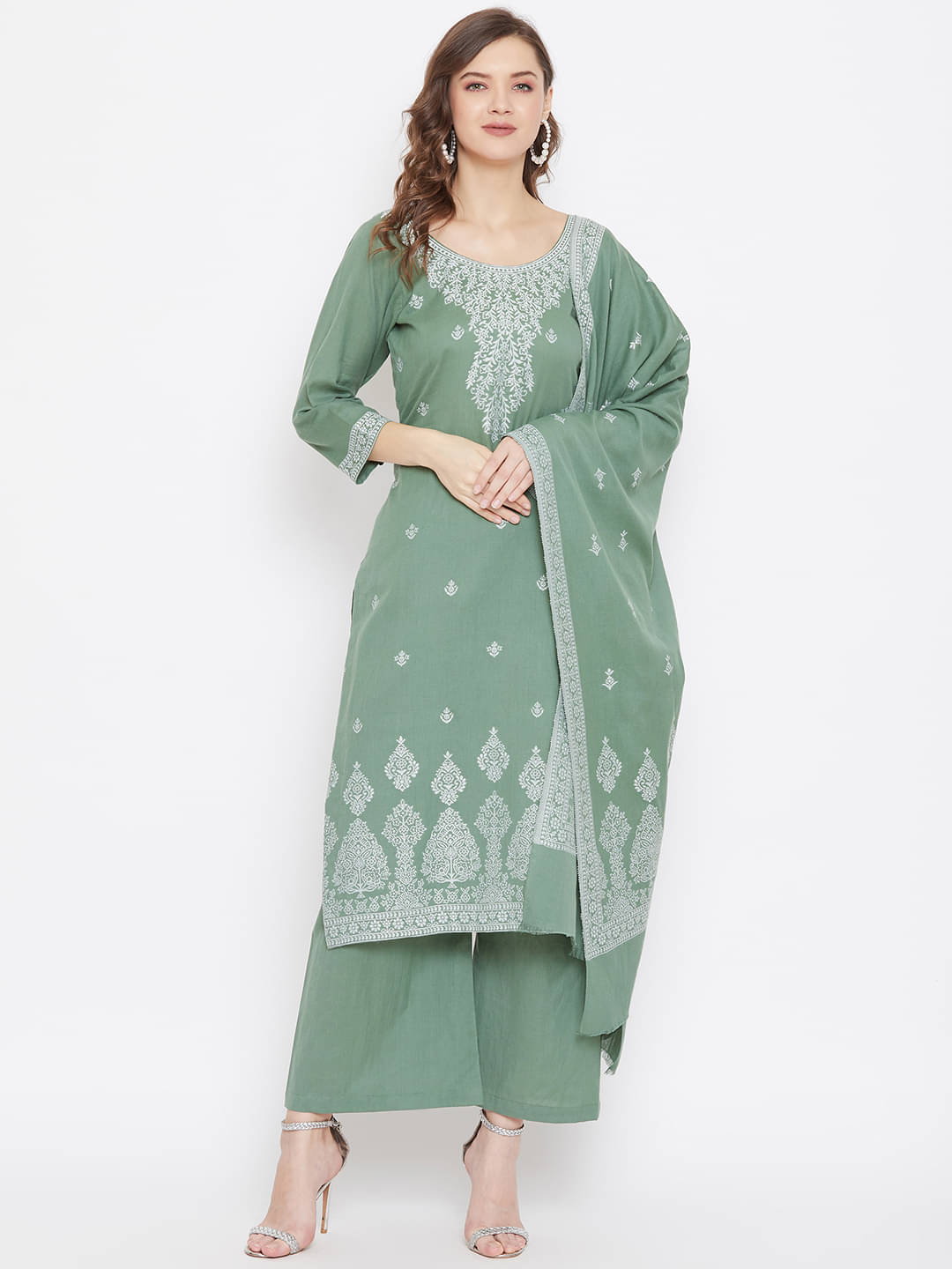     			TAZO Unstitched Cotton Blend Printed Dress Material - Green ( Pack of 1 )