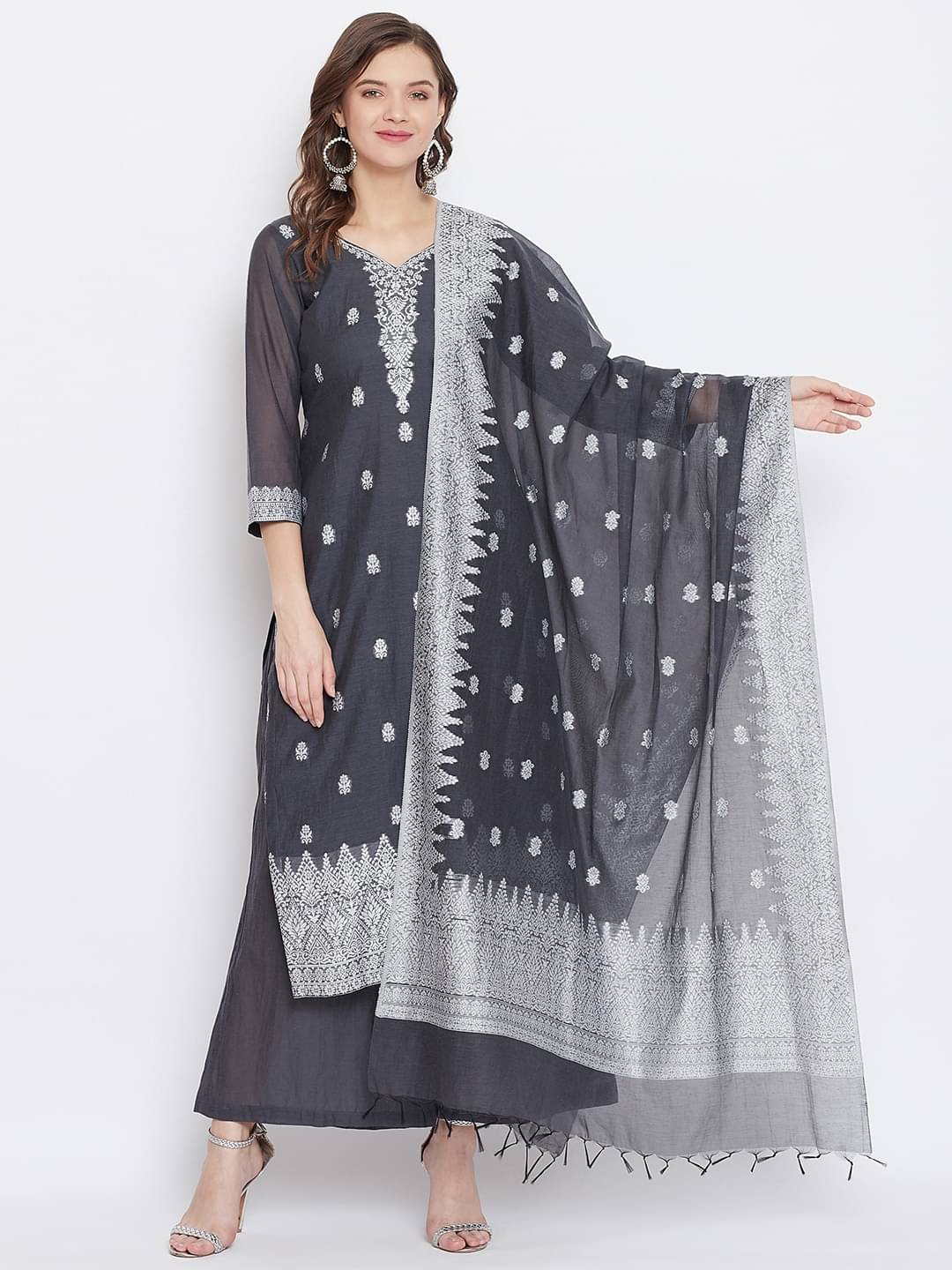 TAZO Unstitched Cotton Blend Printed Dress Material - Grey ( Pack of 1 )     			TAZO Unstitched Cotton Blend Printed Dress Material - Grey ( Pack of 1 )