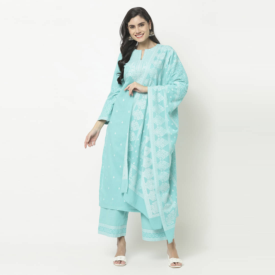     			TAZO Unstitched Cotton Blend Printed Dress Material - Green ( Pack of 1 )