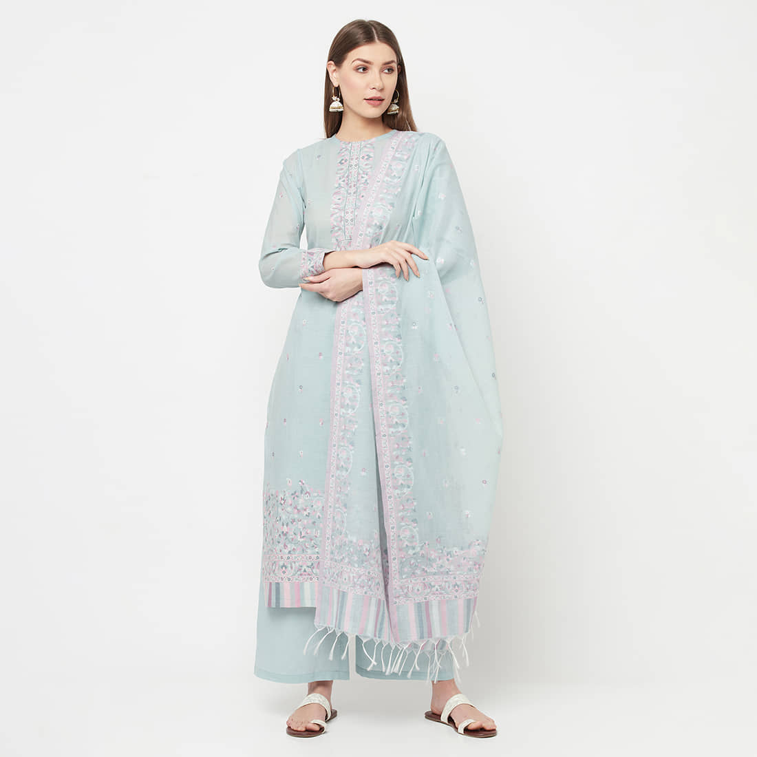 TAZO Unstitched Cotton Printed Dress Material - Light Blue ( Pack of 1 ) - Unstitched Fabrics | Buy online on ZillyBuy
