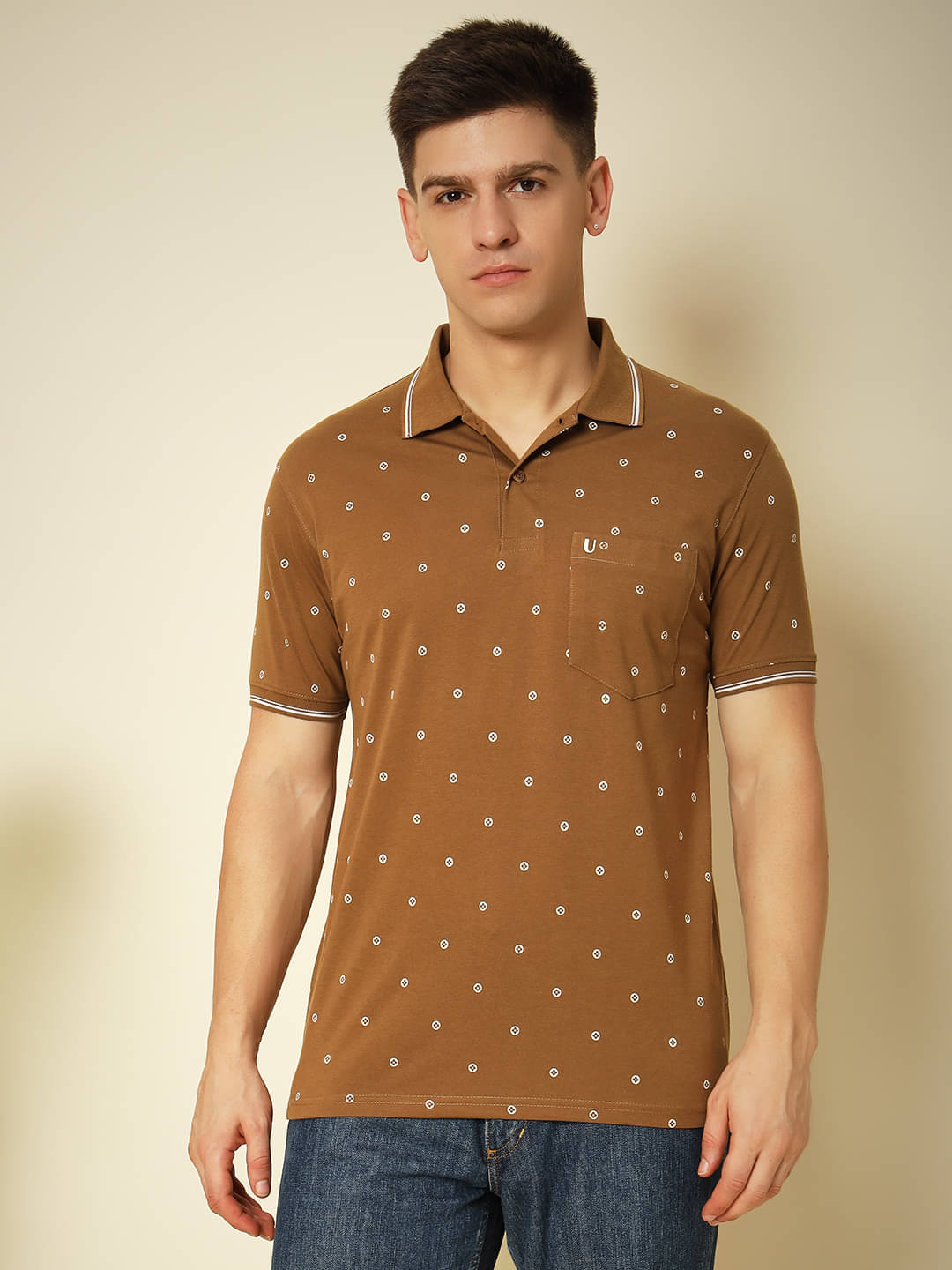     			UNIBERRY Pack of 1 Cotton Blend Regular Fit Printed Half Sleeves Men's Polo T Shirt ( Brown )