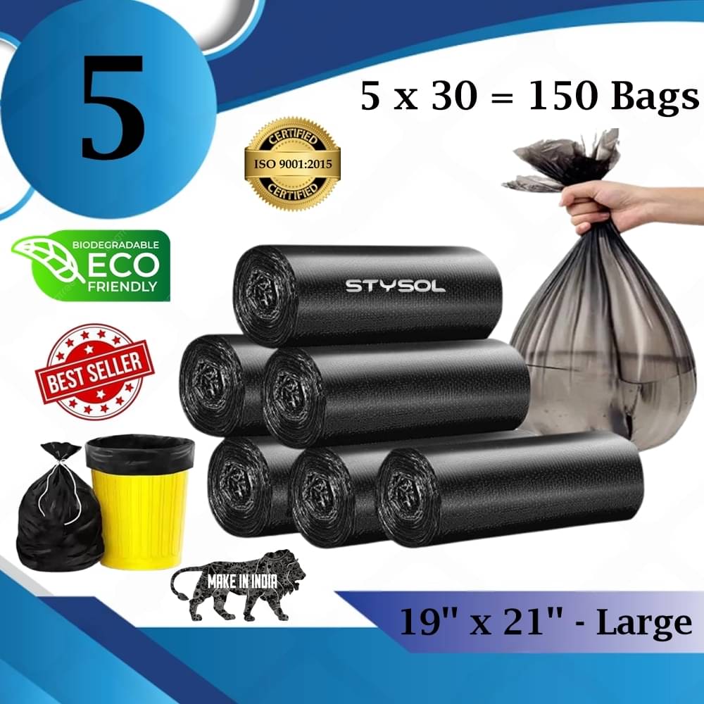 Waste Disposal Biodegradable Garbage Bags 19 X 21 Inches (Medium Size) 120 Bags (5 Rolls) Dustbin Bag/Trash Bag - Black Color Waste Disposal Biodegradable Garbage Bags 19 X 21 Inches (Medium Size) 120 Bags (5 Rolls) Dustbin Bag/Trash Bag - Black Color