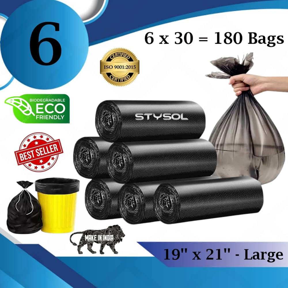     			Waste Disposal Biodegradable Garbage Bags 19 X 21 Inches (Medium Size) 180 Bags (6 Rolls) Dustbin Bag/Trash Bag - Black Color