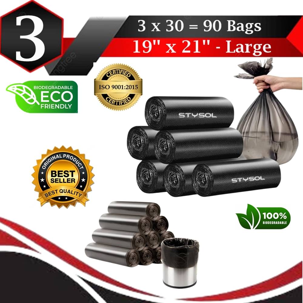     			Waste Disposal Biodegradable Garbage Bags 19 X 21 Inches (Medium Size) 90 Bags (3 Rolls) Dustbin Bag/Trash Bag - Black Color
