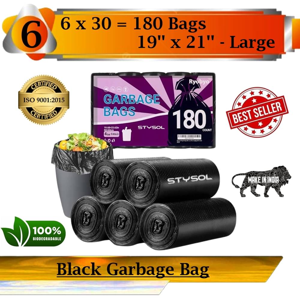     			Waste Disposal Biodegradable Garbage Bags 19 X 21 Inches (Medium Size) 180 Bags (6 Rolls) Dustbin Bag/Trash Bag - Black Color