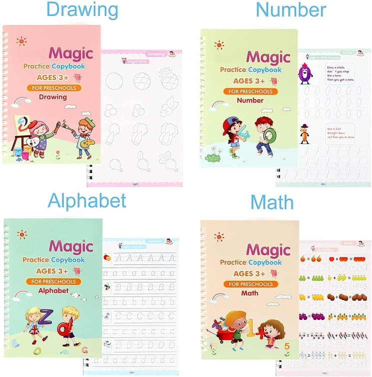 4 Set Magic Practice Copybook, Reusable Groove Calligraphy for Children, Magic Handwriting Calligraphy Copy Books for Kids, Preschool Tracing Book with Magic Pens 4 Set Magic Practice Copybook, Reusable Groove Calligraphy for Children, Magic Handwriting Calligraphy Copy Books for Kids, Preschool Tracing Book with Magic Pens