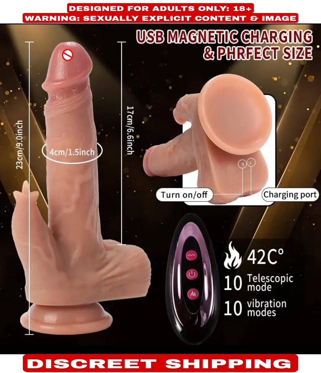 9.5" REALISTIC SILICONE TELESCOPIC SUCTION DILDO WITH HEATING AND REMOTE CONTROL FOR WOMEN BY KAMAHOUSE (LOW PRICE SEX TOYS)