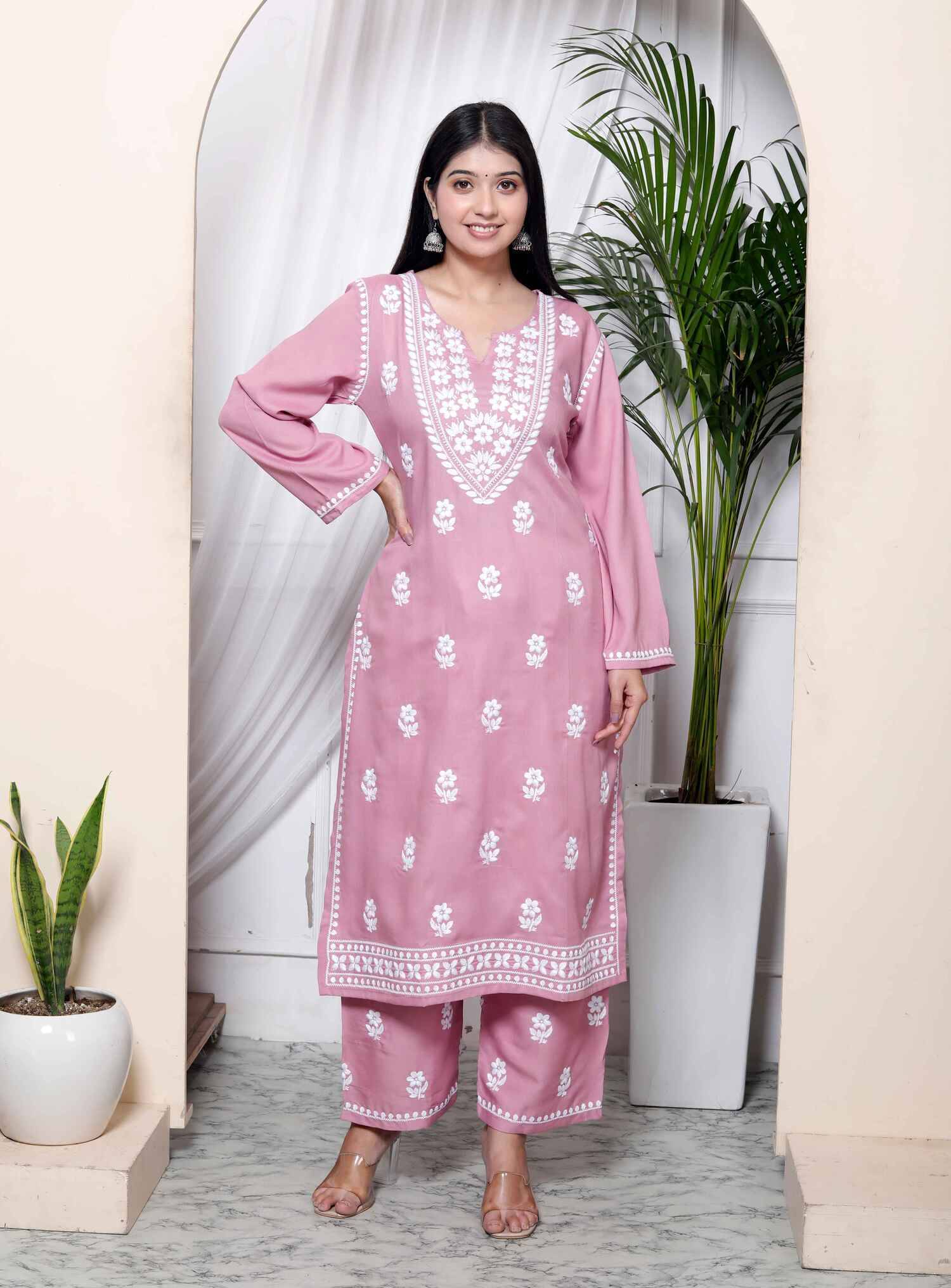 Angiya Cotton Embroidered Kurti With Palazzo Women's Stitched Salwar Suit - Pink ( Pack of 1 ) Angiya Cotton Embroidered Kurti With Palazzo Women's Stitched Salwar Suit - Pink ( Pack of 1 )