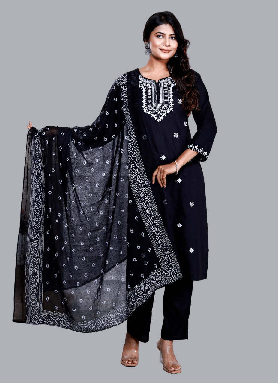    			Angiya Rayon Embroidered Kurti With Palazzo Women's Stitched Salwar Suit - Black ( Pack of 1 )