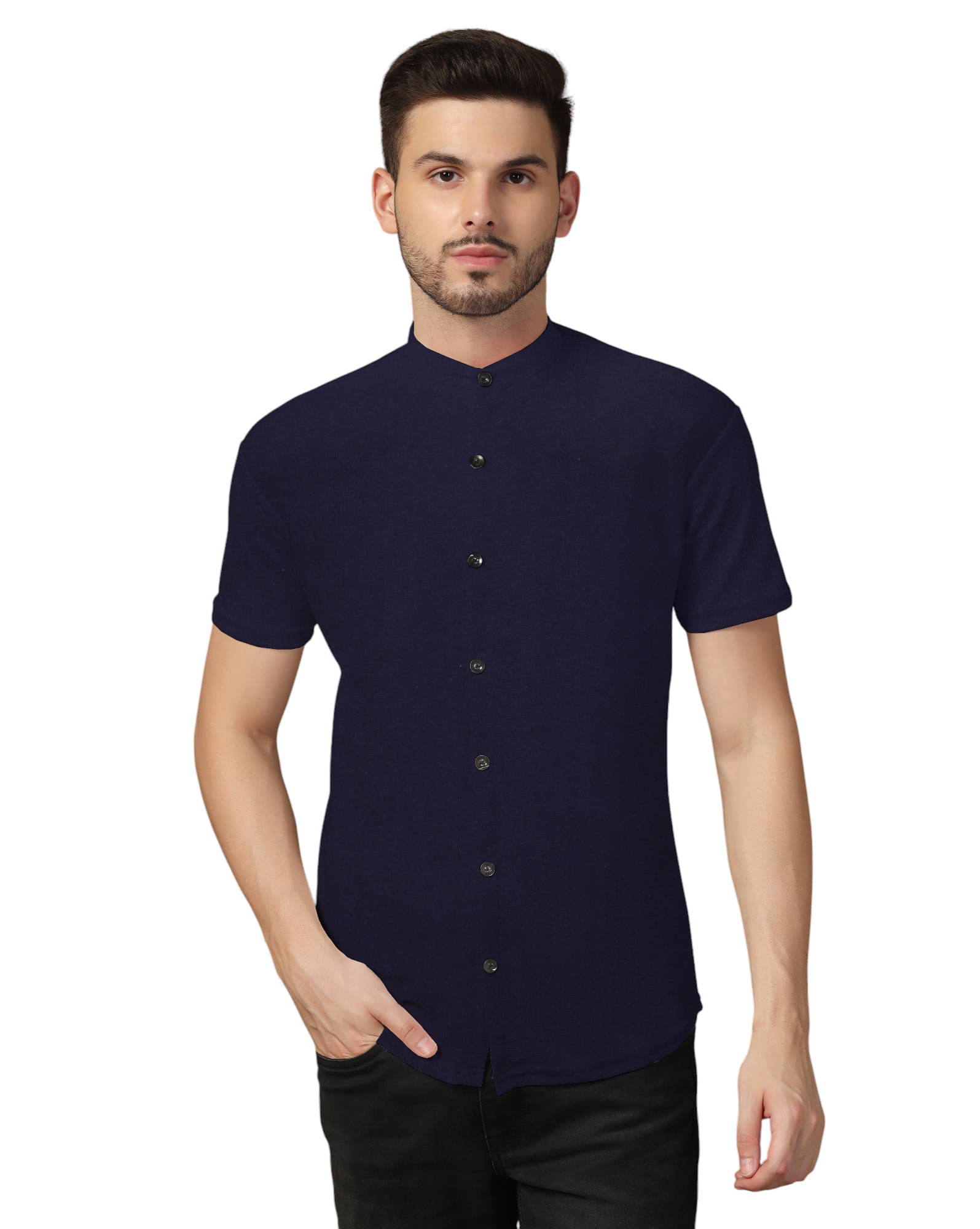 Beyou Fashion Cotton Blend Regular Fit Solids Half Sleeves Men's Casual Shirt - Navy ( Pack of 1 )     			Beyou Fashion Cotton Blend Regular Fit Solids Half Sleeves Men's Casual Shirt - Navy ( Pack of 1 )