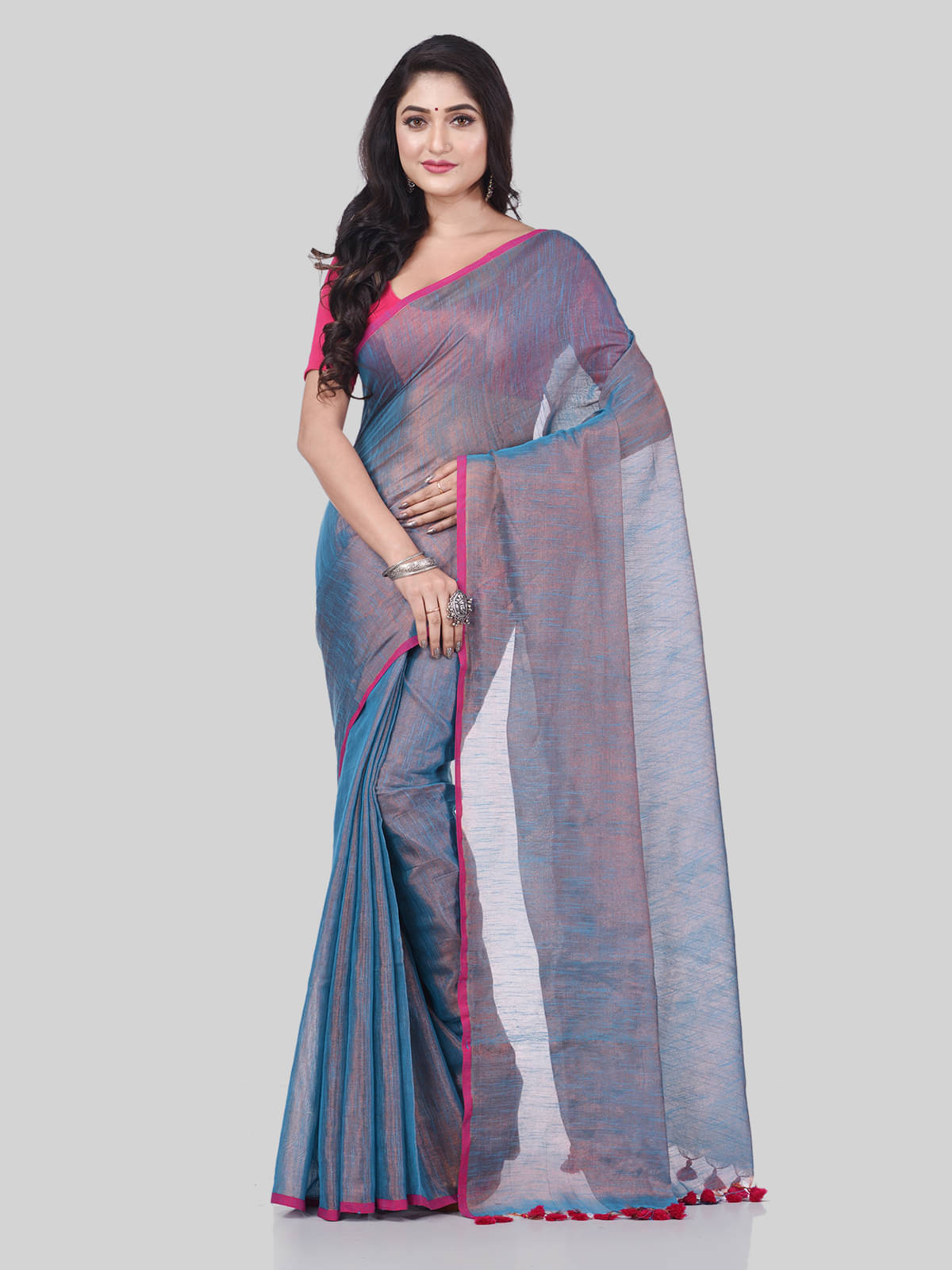     			Desh Bidesh Tissue Solid Saree With Unstitched Blouse Piece ( Blue )