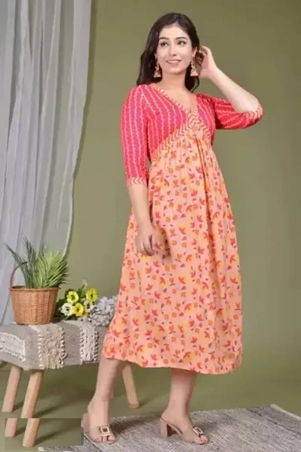 ETZIN Pack of 1 Rayon Printed Flared Women's Kurti - ( Pink ) ETZIN Pack of 1 Rayon Printed Flared Women's Kurti - ( Pink )
