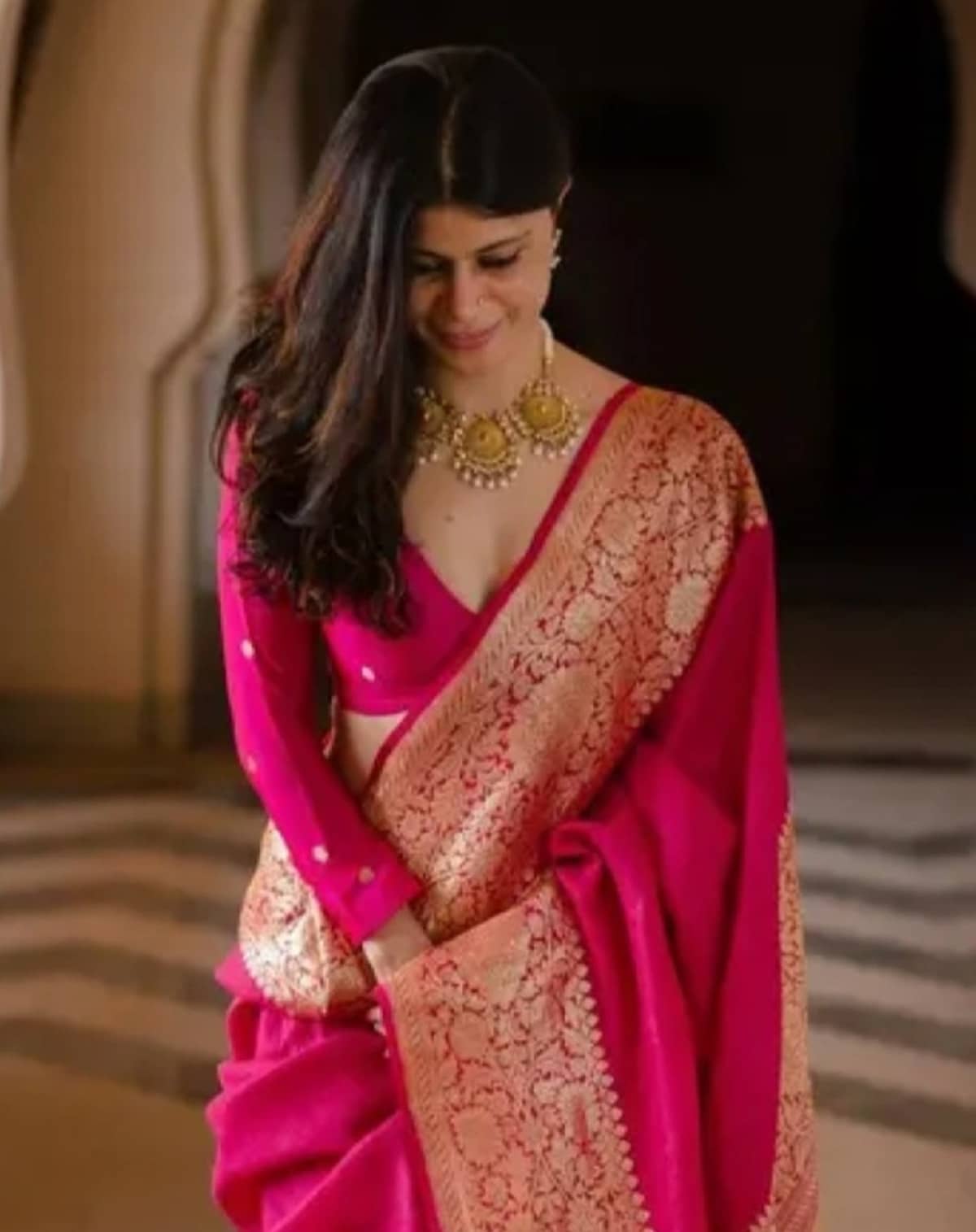 Gazal Fashions Banarasi Silk Embellished Saree With Unstitched Blouse Piece ( Pink ) - Sarees | Buy online on ZillyBuy