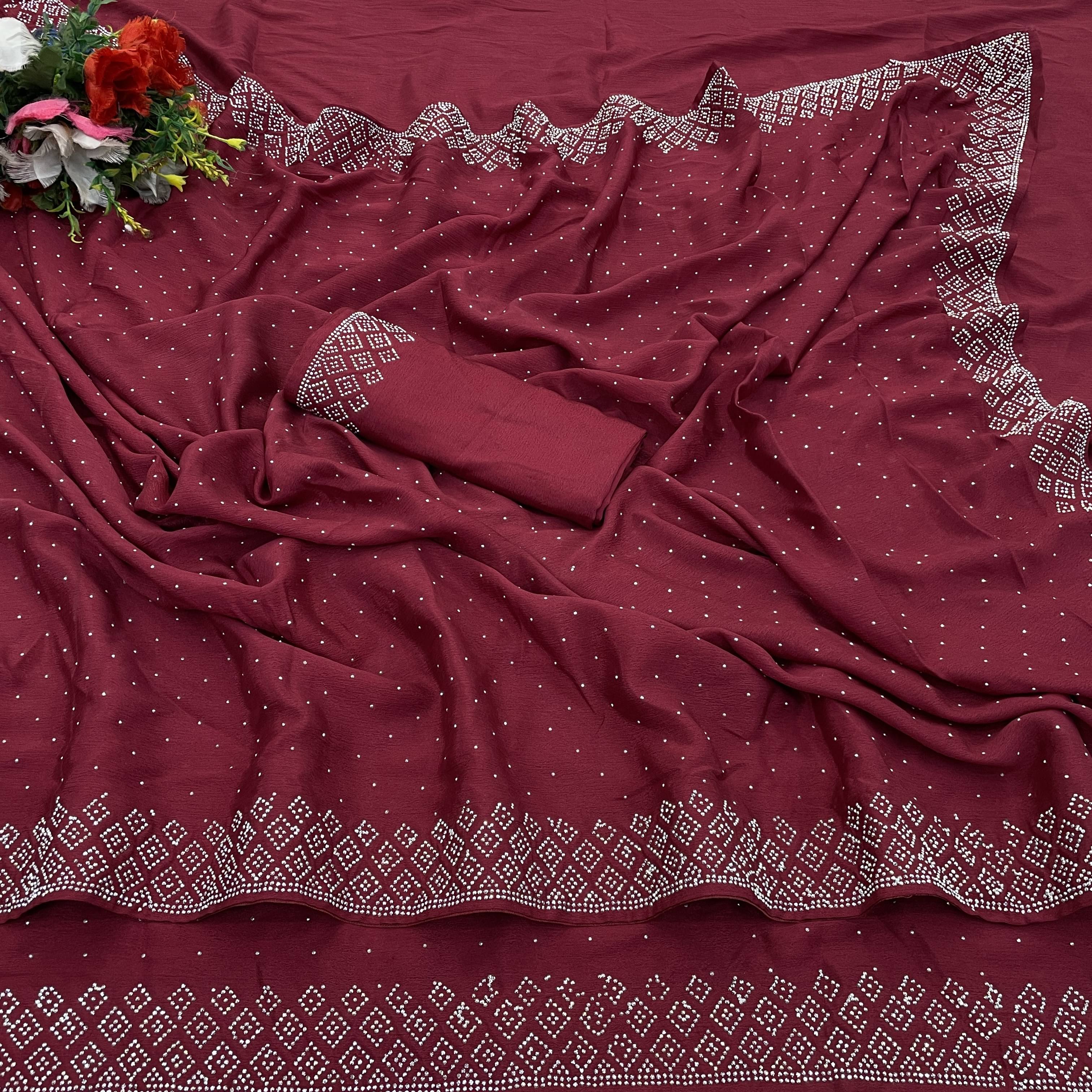    			Gullak Crepe Embellished Saree With Unstitched Blouse Piece ( Maroon )