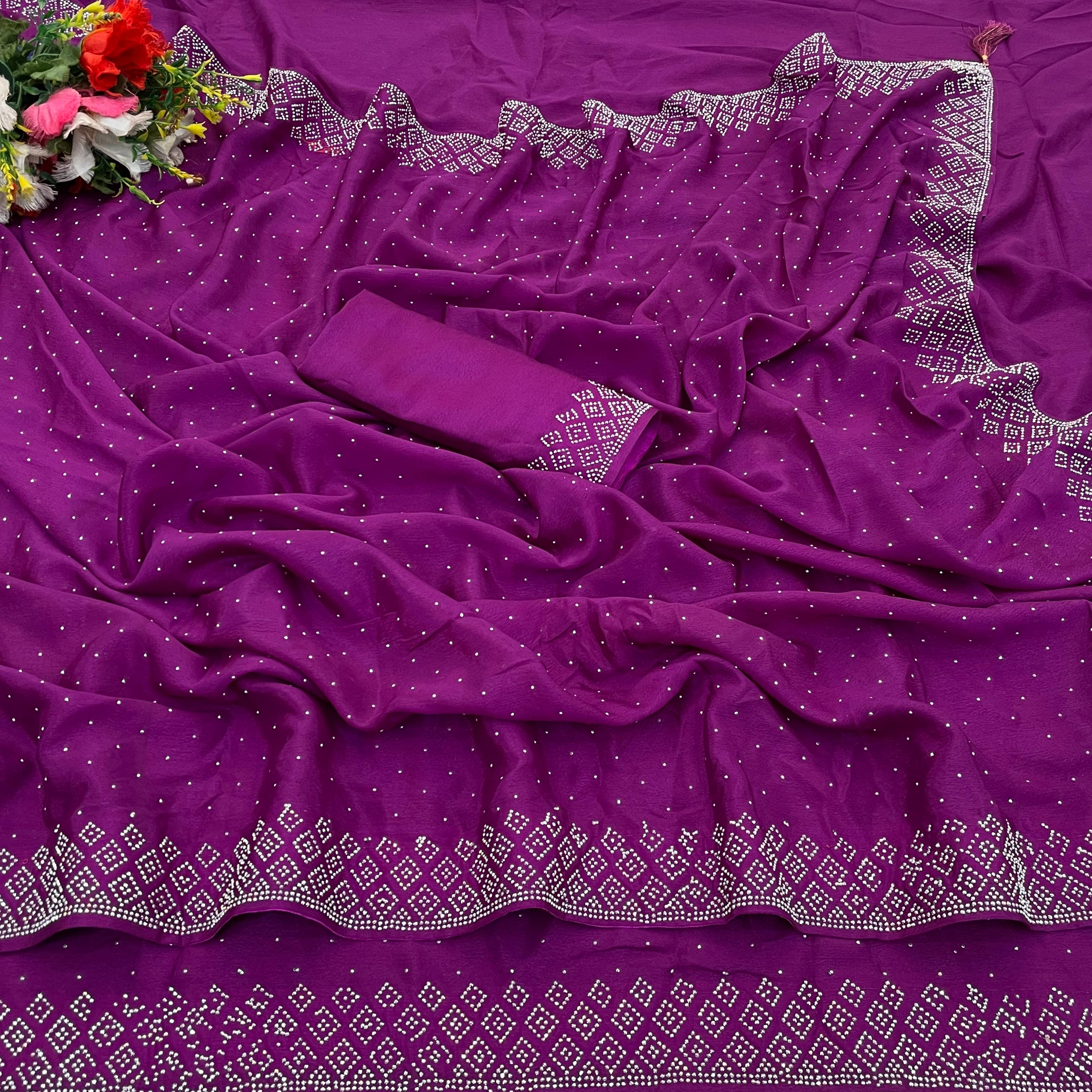     			Gullak Crepe Embellished Saree With Unstitched Blouse Piece ( Purple )