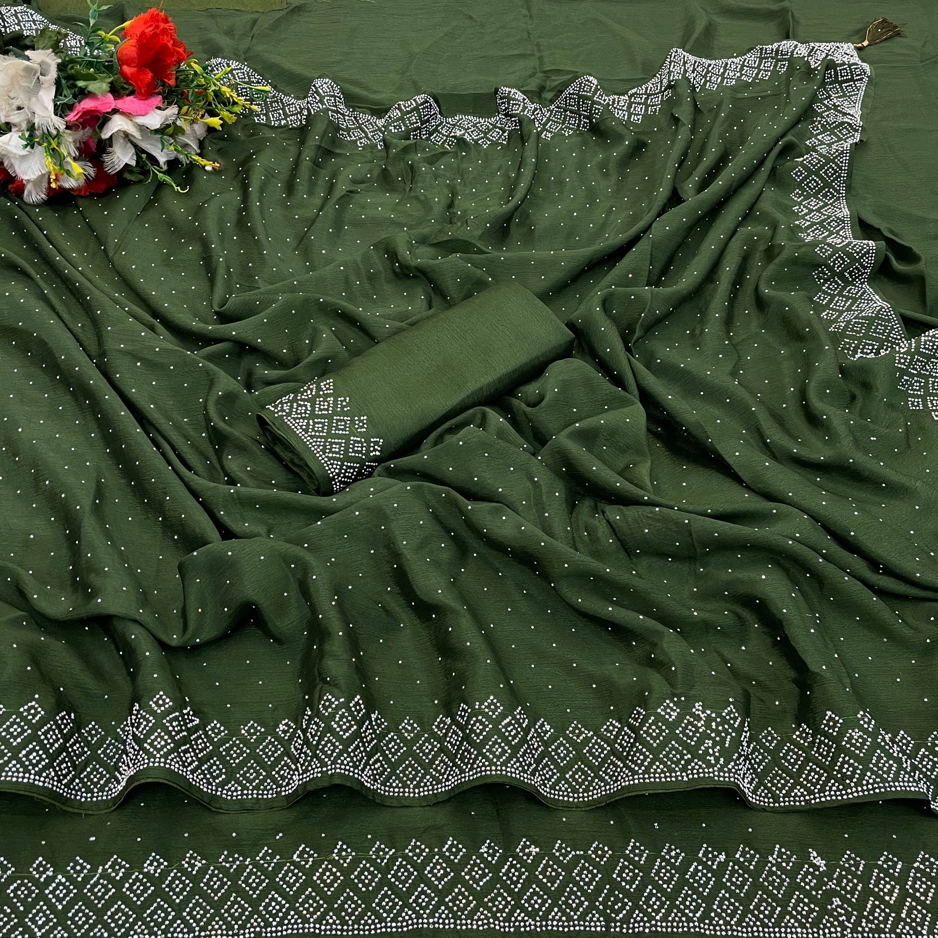     			Gullak Crepe Embellished Saree With Unstitched Blouse Piece ( Green )