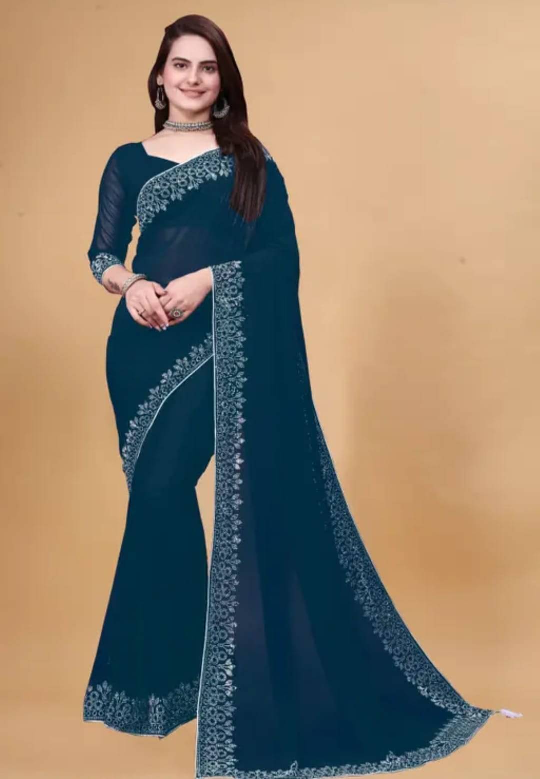     			Gullak Georgette Embellished Saree With Unstitched Blouse Piece ( Teal )