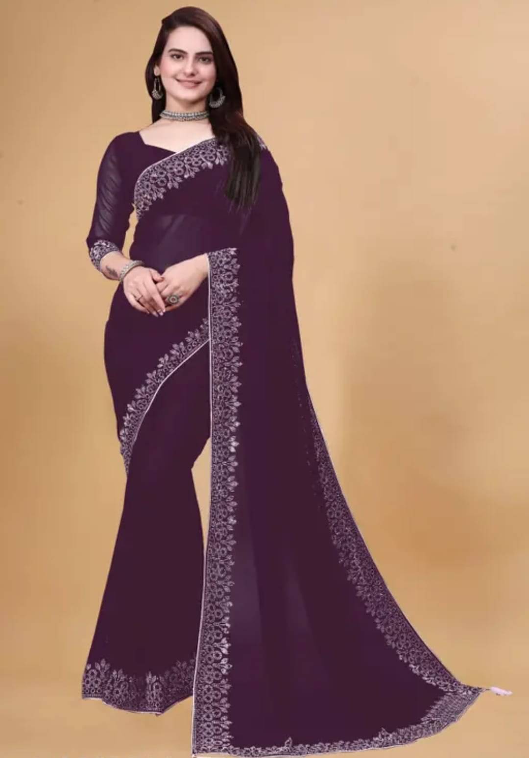     			Gullak Georgette Embellished Saree With Unstitched Blouse Piece ( Purple )