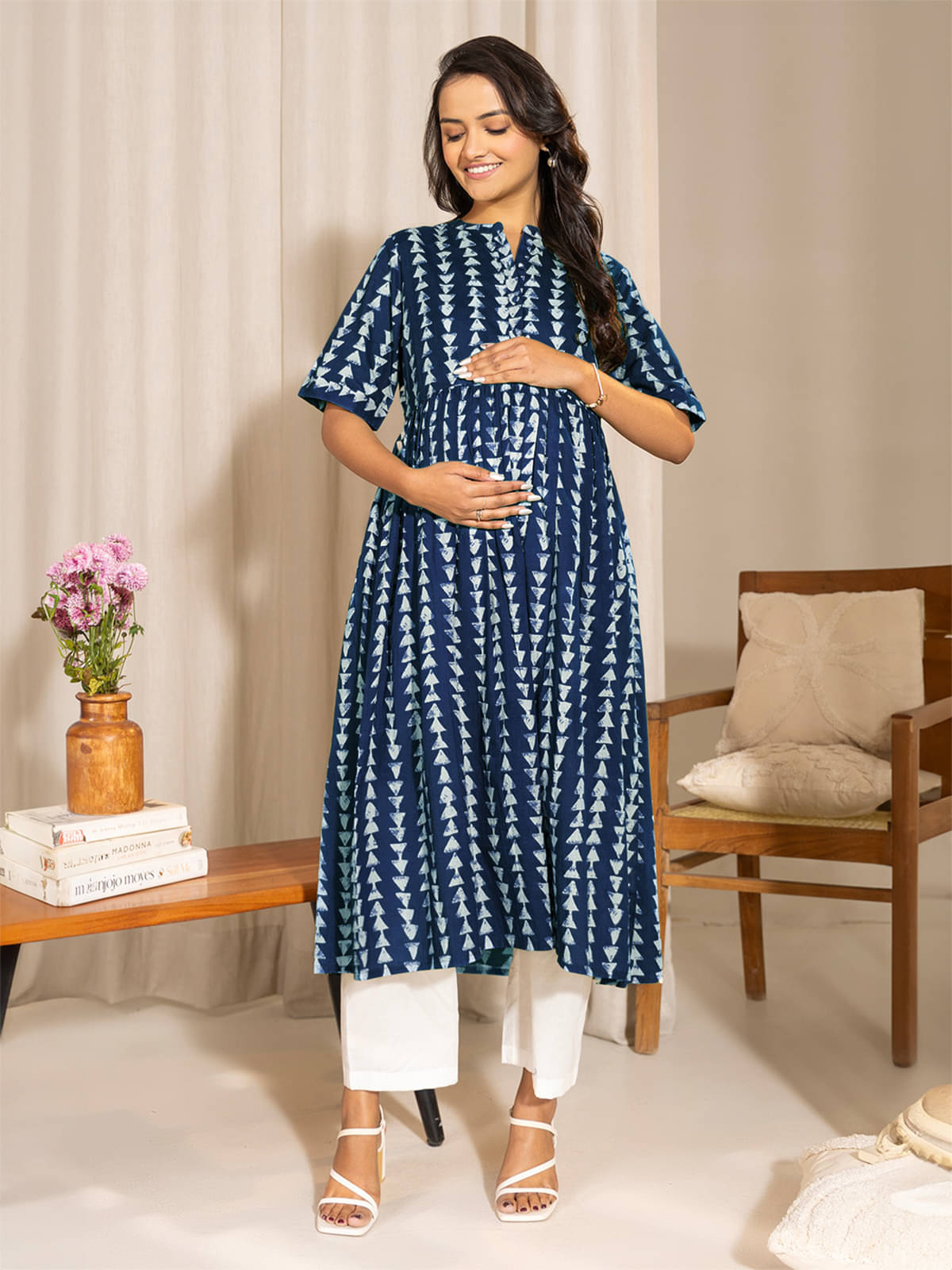     			Janasya Blue Cotton Maternity Kurta Single