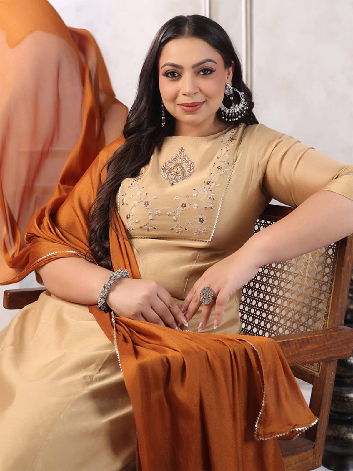 Janasya Chanderi Embroidered Kurti With Pants Women's Stitched Salwar Suit - Beige ( Pack of 1 ) Janasya Chanderi Embroidered Kurti With Pants Women's Stitched Salwar Suit - Beige ( Pack of 1 )