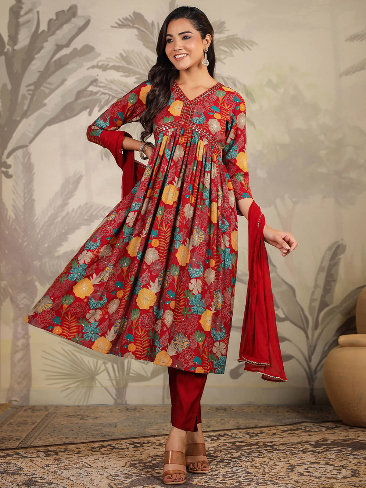 Janasya Chanderi Printed Kurti With Pants Women's Stitched Salwar Suit - Maroon ( Pack of 1 ) Janasya Chanderi Printed Kurti With Pants Women's Stitched Salwar Suit - Maroon ( Pack of 1 )
