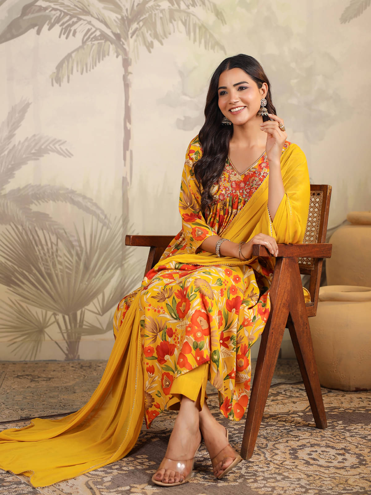     			Janasya Chanderi Printed Kurti With Pants Women's Stitched Salwar Suit - Mustard ( Pack of 1 )