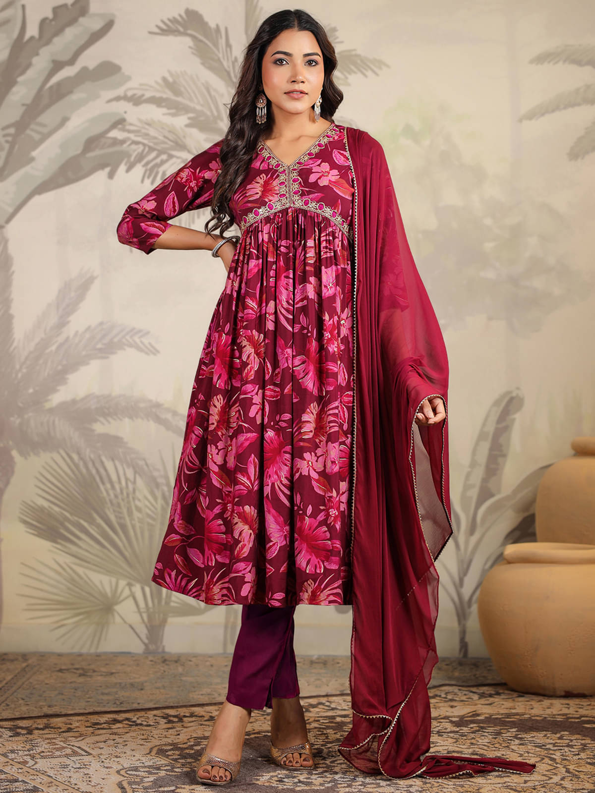     			Janasya Chanderi Printed Kurti With Pants Women's Stitched Salwar Suit - Wine ( Pack of 1 )