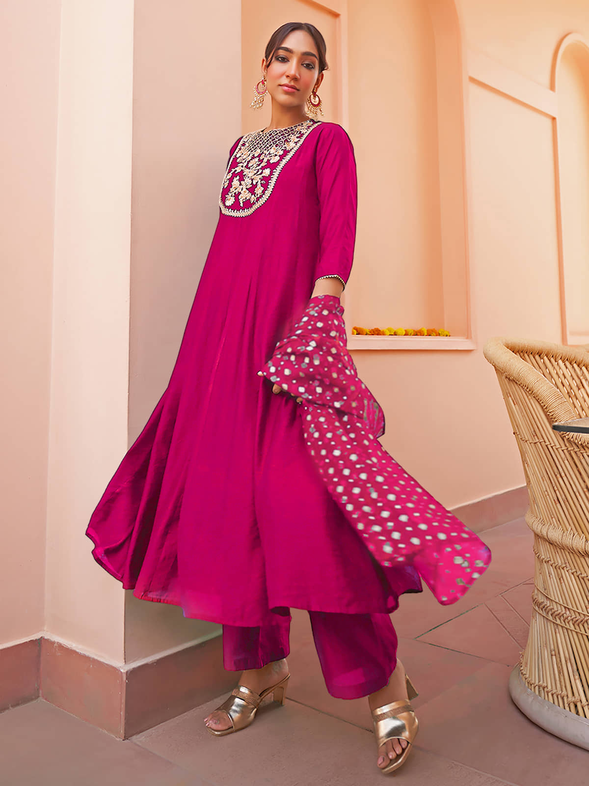 Janasya Chanderi Solid Kurti With Pants Women's Stitched Salwar Suit - Pink ( Pack of 1 )