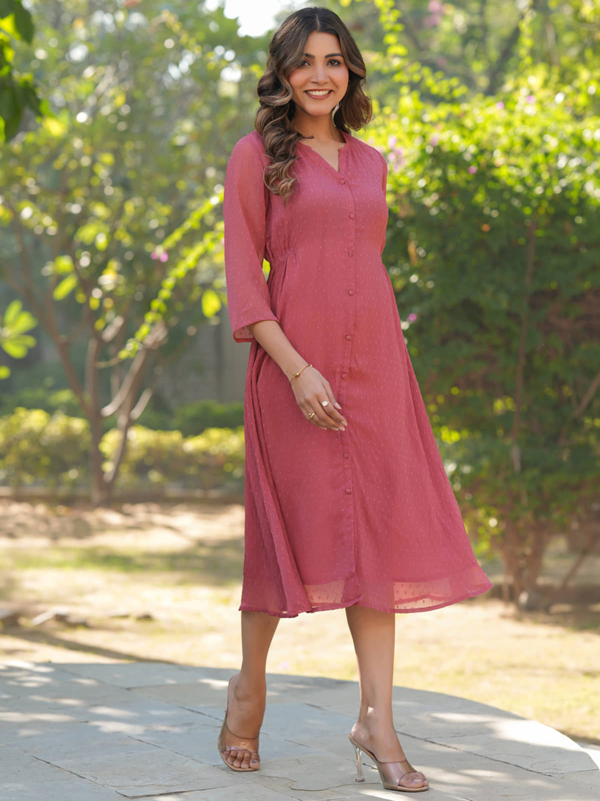 Janasya Women Chiffon Self Design A-line Dress ( Mauve )