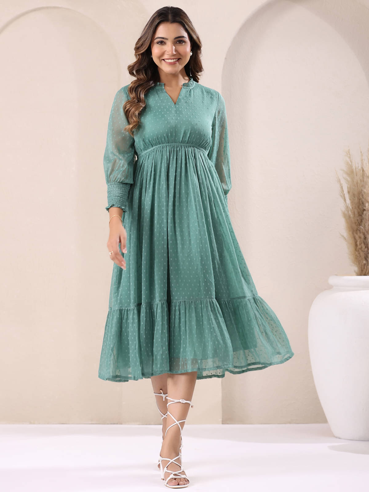 Janasya Women Chiffon Self Design Fit & Flare Dress ( Green ) Janasya Women Chiffon Self Design Fit & Flare Dress ( Green )