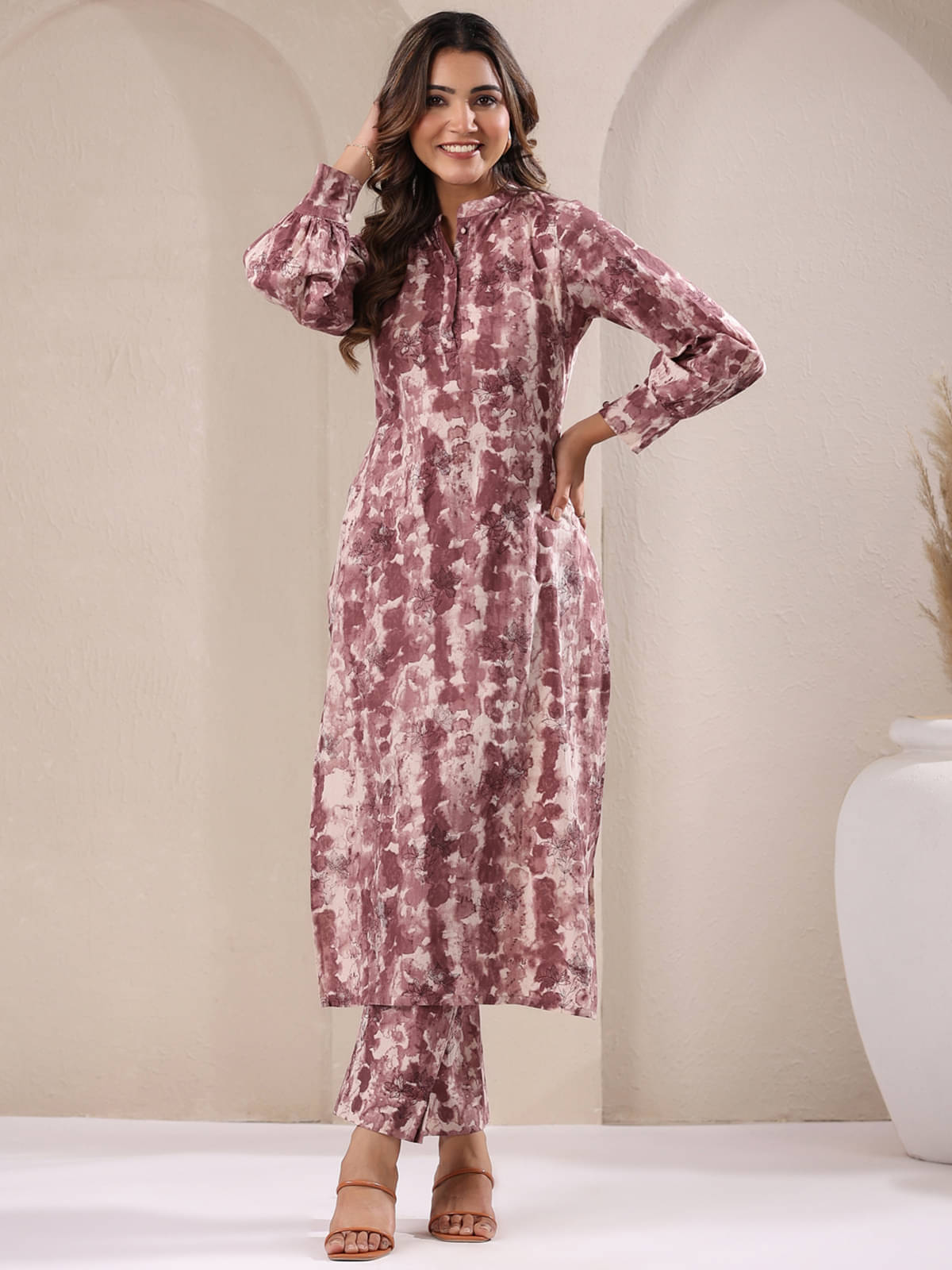 Janasya Cotton Dyed Kurti With Pants Women's Stitched Salwar Suit - Mauve ( Pack of 1 )     			Janasya Cotton Dyed Kurti With Pants Women's Stitched Salwar Suit - Mauve ( Pack of 1 )