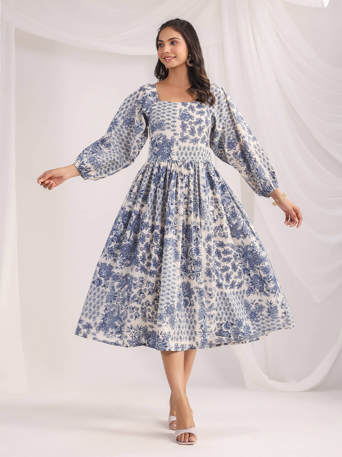 Janasya Women Cotton Printed Fit & Flare Dress ( Off White ) Janasya Women Cotton Printed Fit & Flare Dress ( Off White )