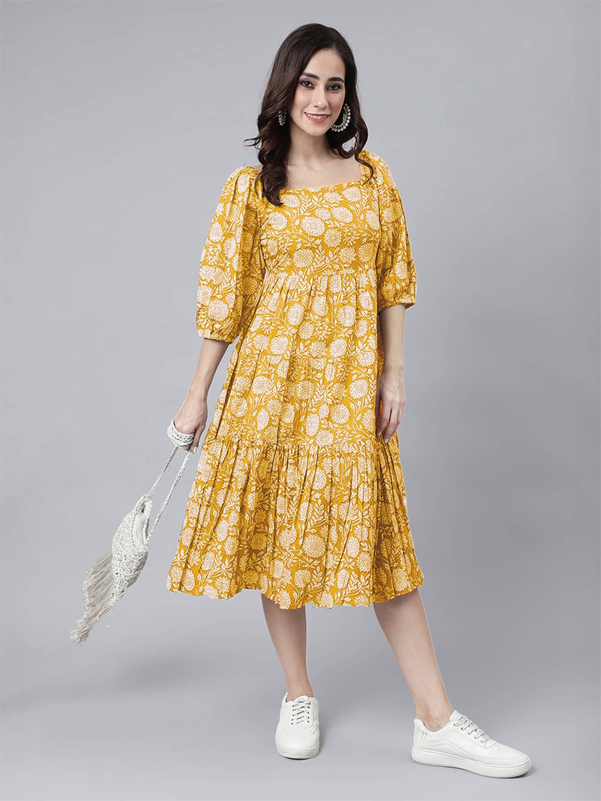     			Janasya Women Cotton Printed Fit & Flare Dress ( Yellow )