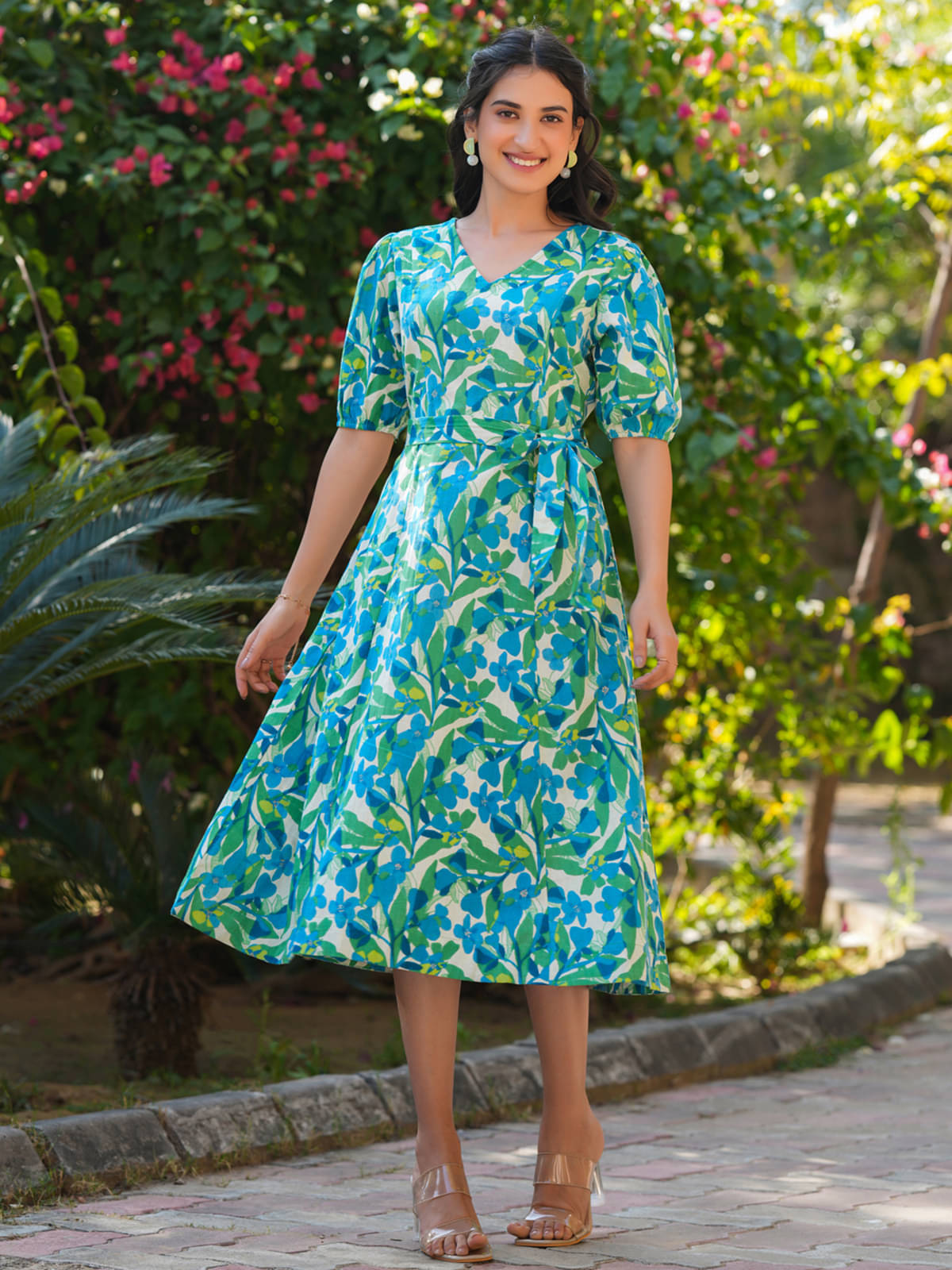 Janasya Women Cotton Printed Fit & Flare Dress ( Blue ) Janasya Women Cotton Printed Fit & Flare Dress ( Blue )