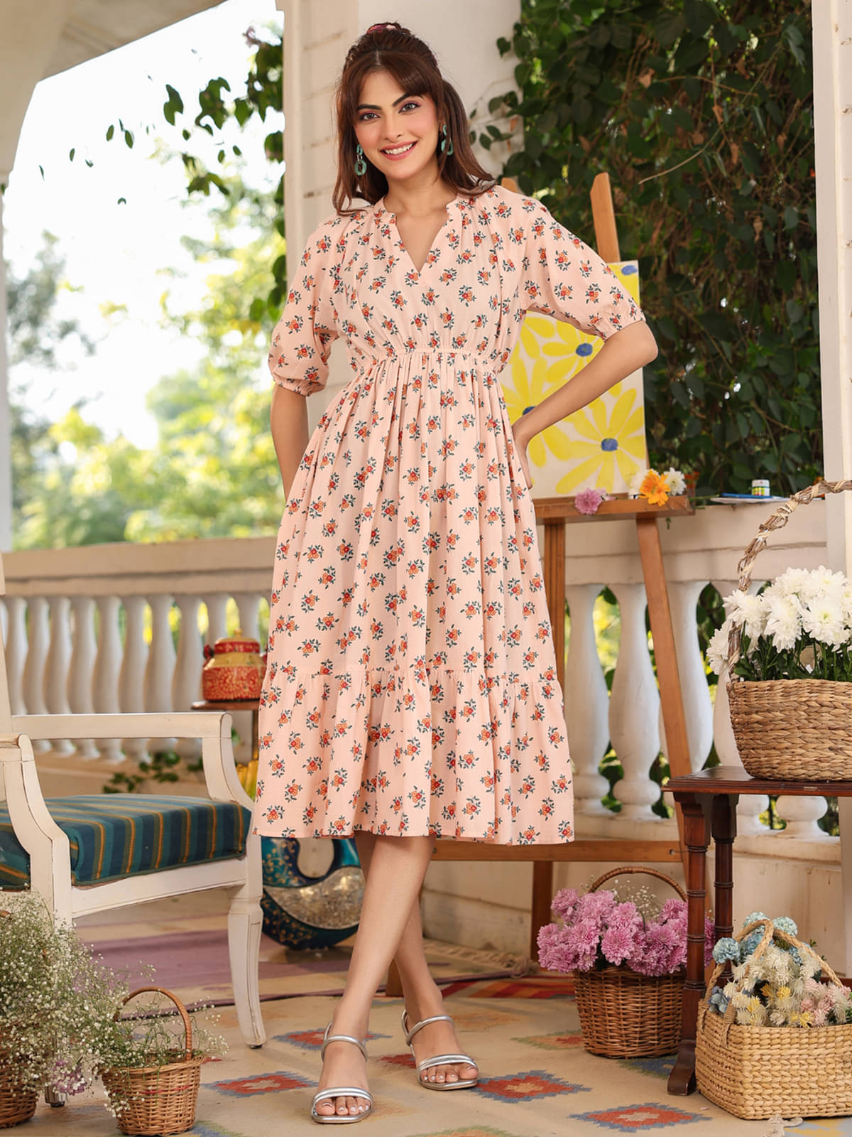     			Janasya Women Cotton Printed Fit & Flare Dress ( Peach )