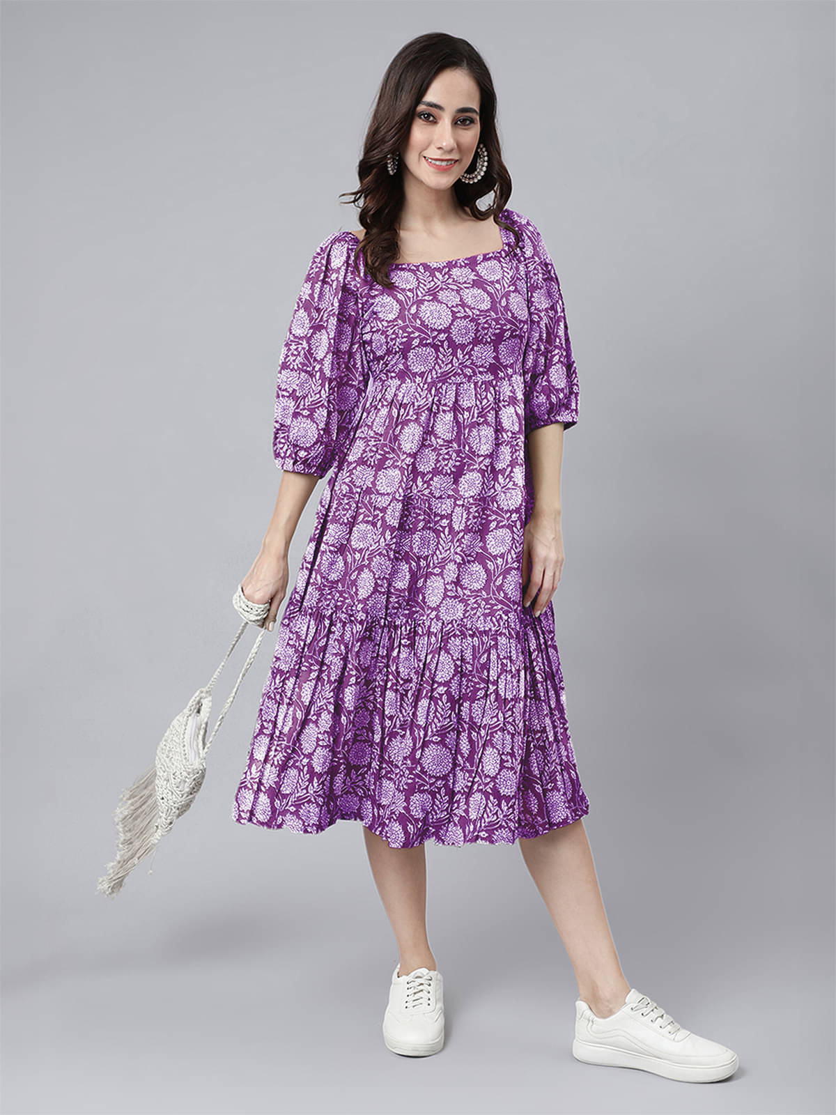     			Janasya Women Cotton Printed Fit & Flare Dress ( Purple )