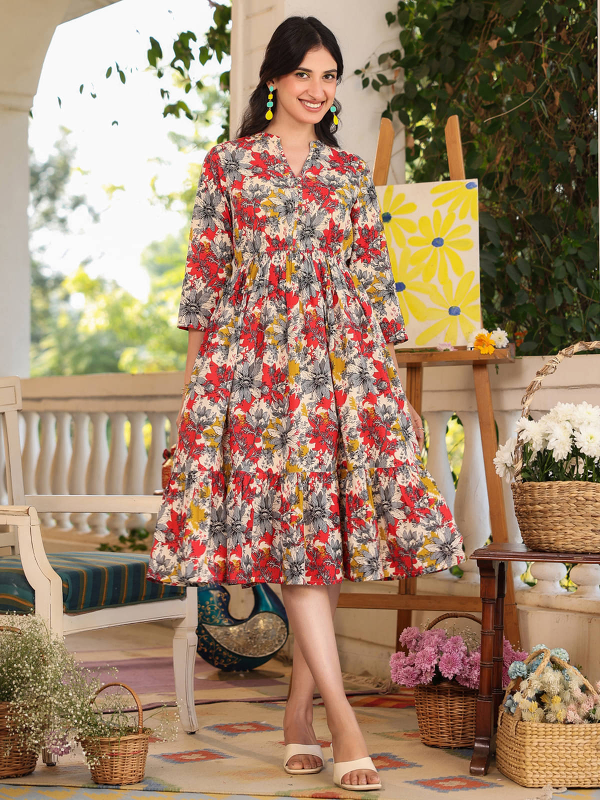 Janasya Women Cotton Printed Fit & Flare Dress ( Multi Color ) Janasya Women Cotton Printed Fit & Flare Dress ( Multi Color )