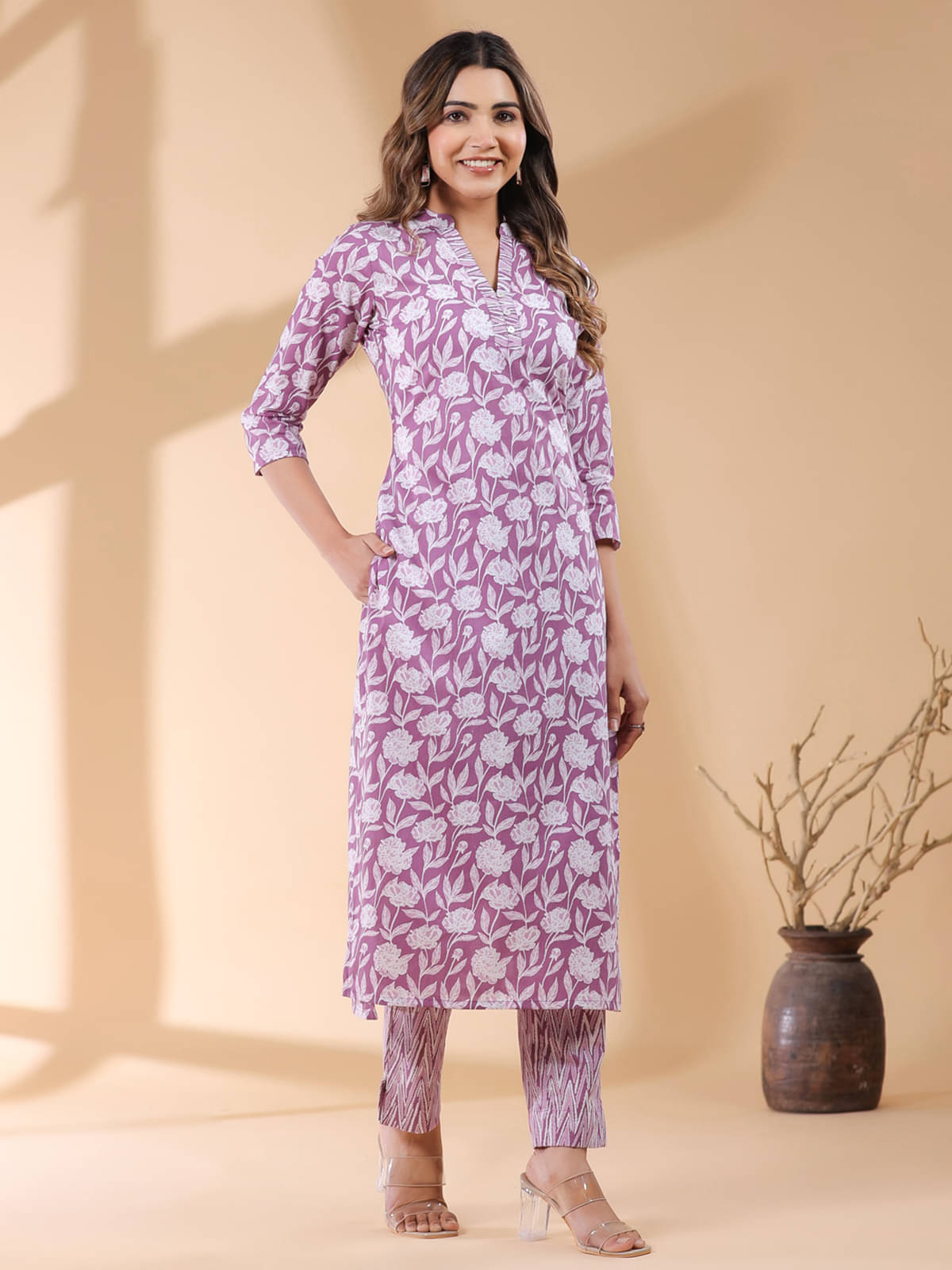 Janasya Cotton Printed Kurti With Pants Women's Stitched Salwar Suit - Purple ( Pack of 1 ) Janasya Cotton Printed Kurti With Pants Women's Stitched Salwar Suit - Purple ( Pack of 1 )